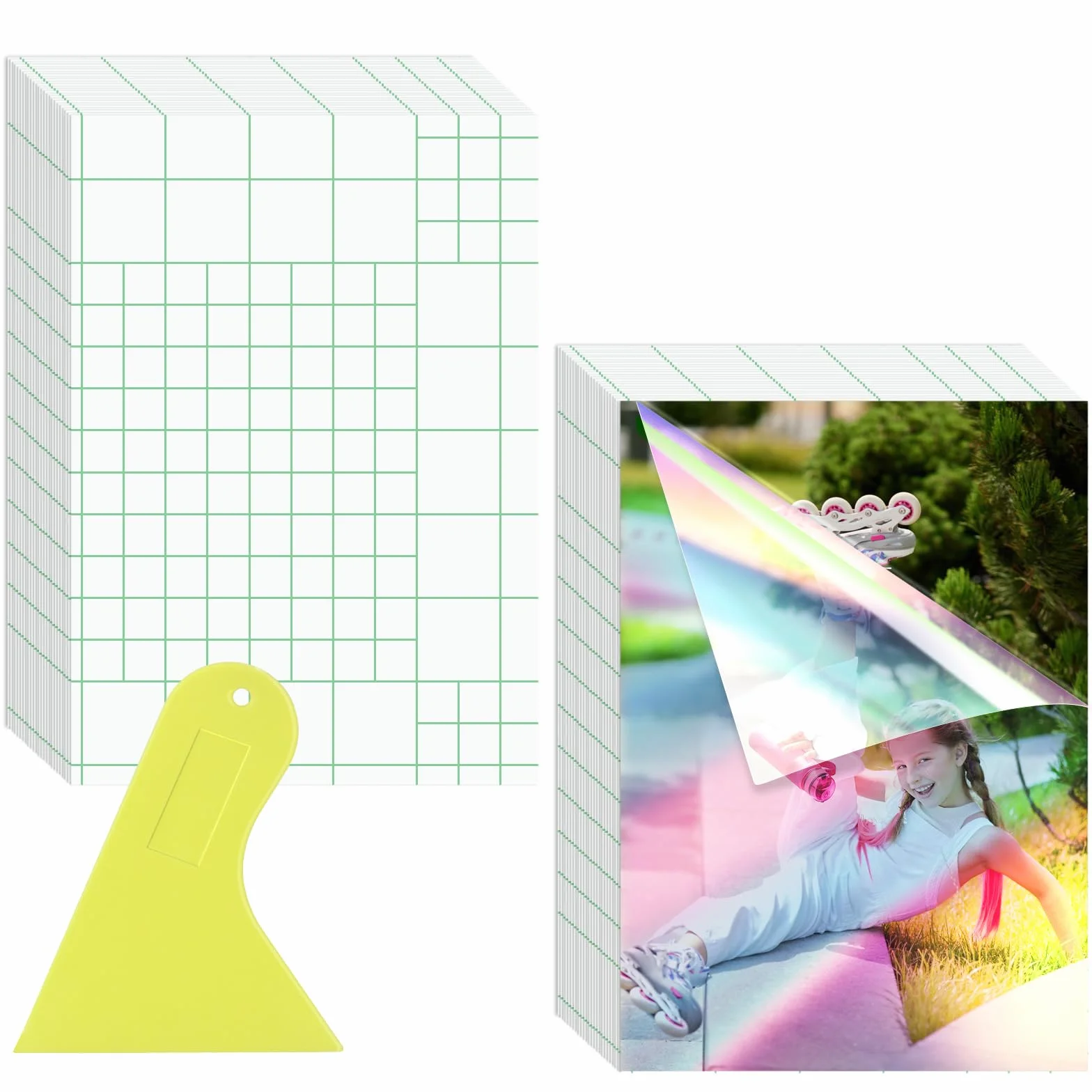 Poeland Samoprzylepne holograficzne arkusze do laminowania A6, 10 x 15 cm, holograficzny tęczowy papier do naklejek, ze skrobakiem, bez maszyny, samouszczelniające się arkusze laminatu do kart, zdjęć