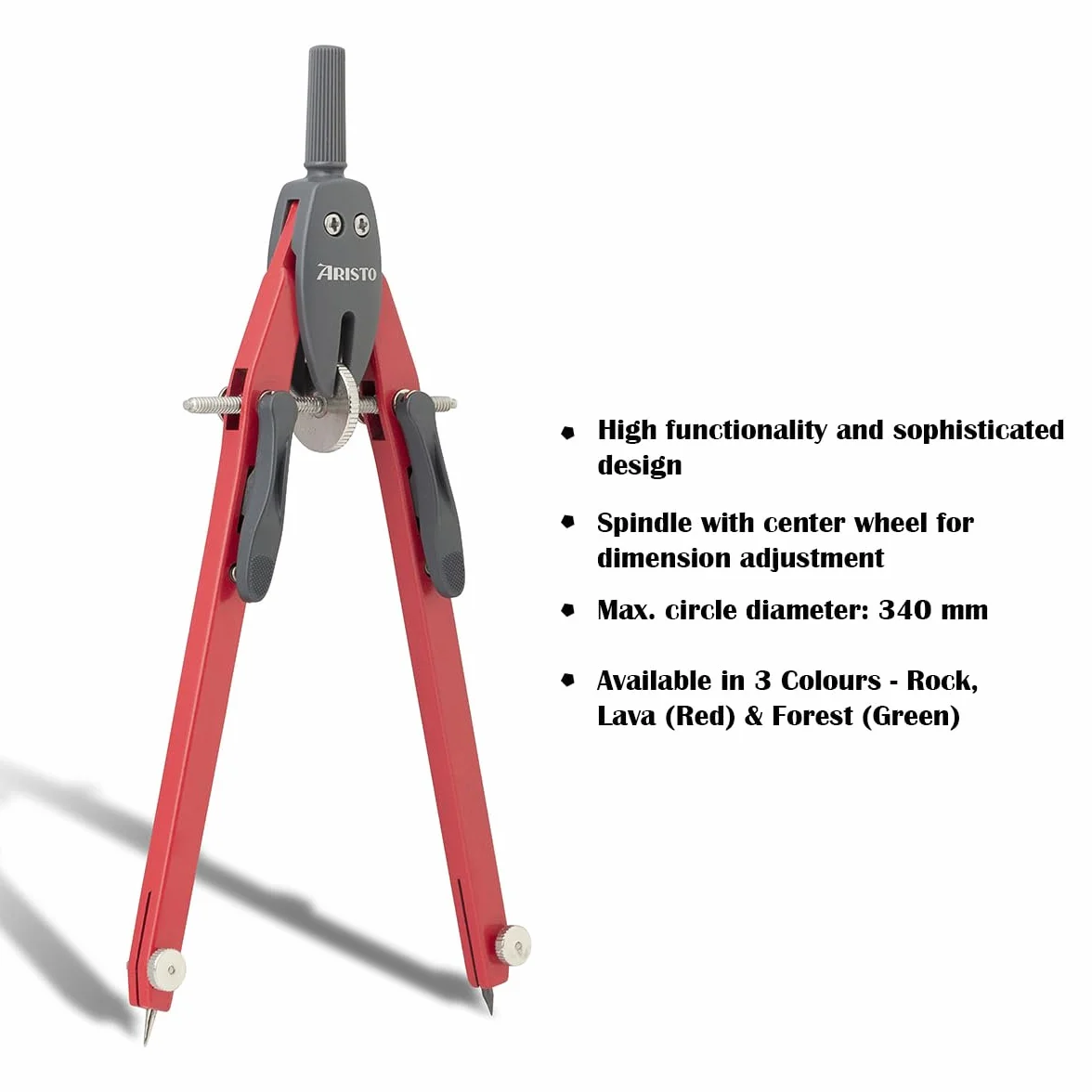 Aristo AR552812-20 BTS cyrkiel z szybką regulacją (koła do 340 mm średnicy, cynkowy odlew ciśnieniowy, 2 wkłady zapasowe i igła zapasowa) lava