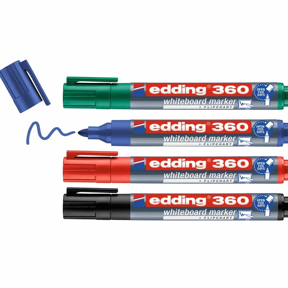 edding 360 markerów do tablic suchościeralnych, kolorowe kolory, 4 pisaki do białej tablicy, okrągła końcówka 1,5-3 mm, zmywalne, do tablic suchościeralnych, flipchart, tablicy magnetycznej, tablicy