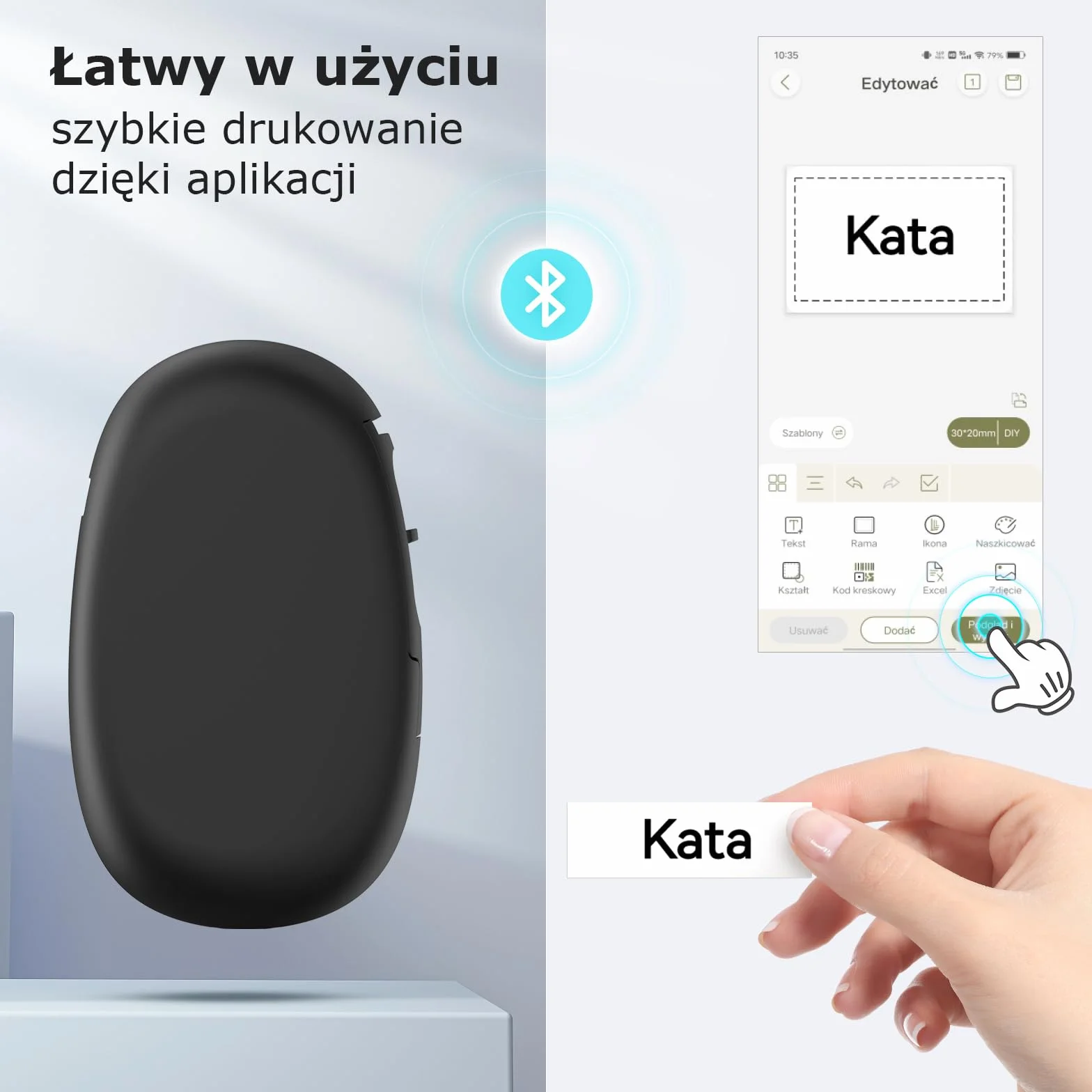 SUPVAN E10 Drukarka Etykiet Bluetooth, Termiczna i Bez Tuszu, z Wodoodpornymi Etykietami Samoprzylepnymi, Aplikacja Mobilna (40+ Czcionek, 150+ Szablonów, 700+ Ikon), Do Domu i Biura, Czarna