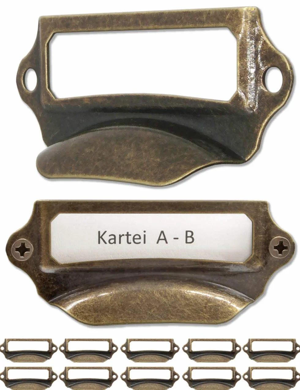 Fuxxer® 10 x okienka na etykiety, metalowe uchwyty w kolorze antycznego mosiądzu do szuflad i archiwów (70 x 29 mm)