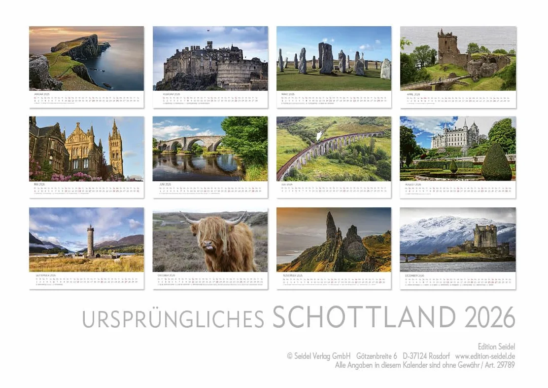 Edition Seidel Kalendarz Premium Oryginalna Szkocja 2026, Format DIN A4, Kalendarz Ścienny Europa Wielka Brytania Edynburg Wyspa Skye Highlands Morze Klify