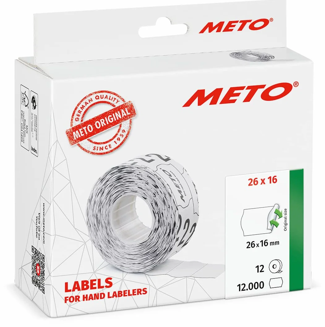 Meto Etykiety do ręcznych etykietek 30007360 (26 x 16 mm, 2-wierszowe, 12 000 sztuk, odklejane, do METO, Contact, Sato, Avery, Tovel, Samark itd.) 12 rolek, białe