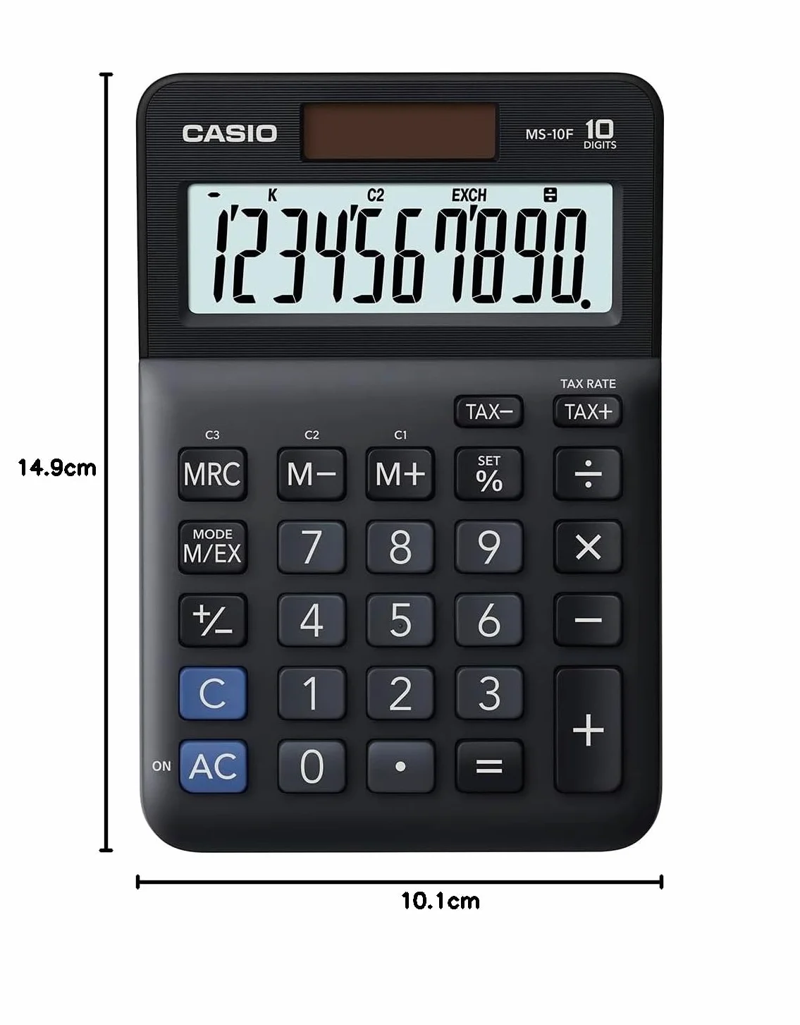 Casio Kalkulator stołowy MS-10F, 10-cyfrowy, obliczanie podatku, przeliczenie walut, zmiana znaku, zasilanie energią słoneczną/bateryjną
