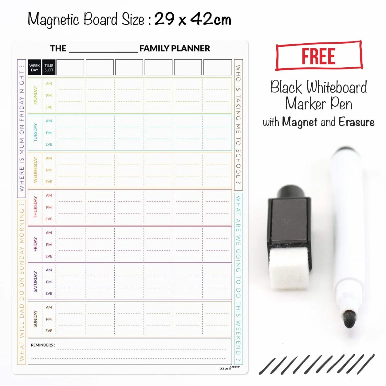 CKB LTD® 7-dniowy magnetyczny PLANER RODZINNY na lodówkę, miejsce na tablicy do lodówki dla maksymalnie 6 osób, codzienny tygodniowy harmonogram obowiązków, zadanie, tabela nagród z markerem, czasowe