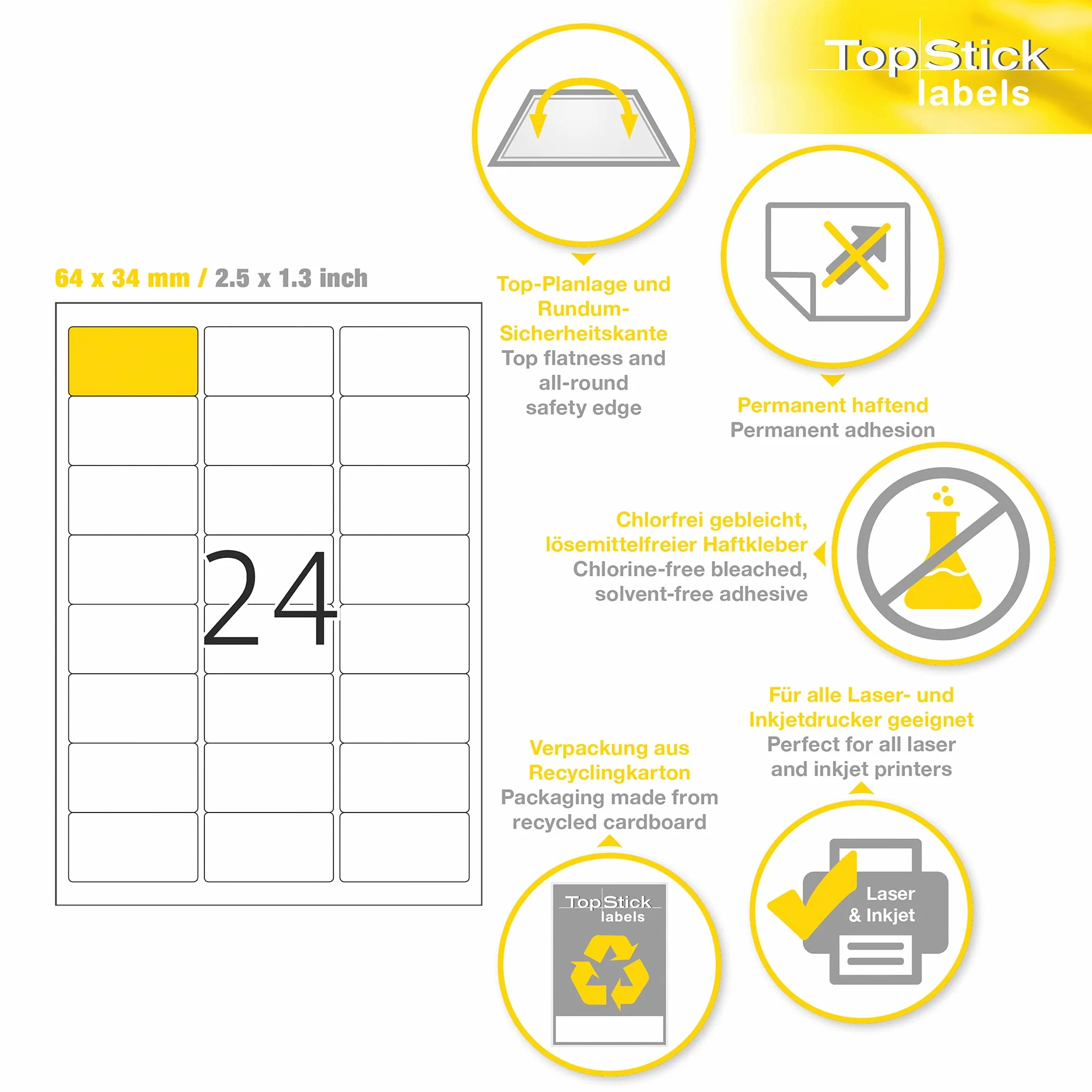 TopStick Naklejki adresowe DIN A4 64 x 34 mm 100 arkuszy papier matowy samoprzylepne 2400 etykiet białe