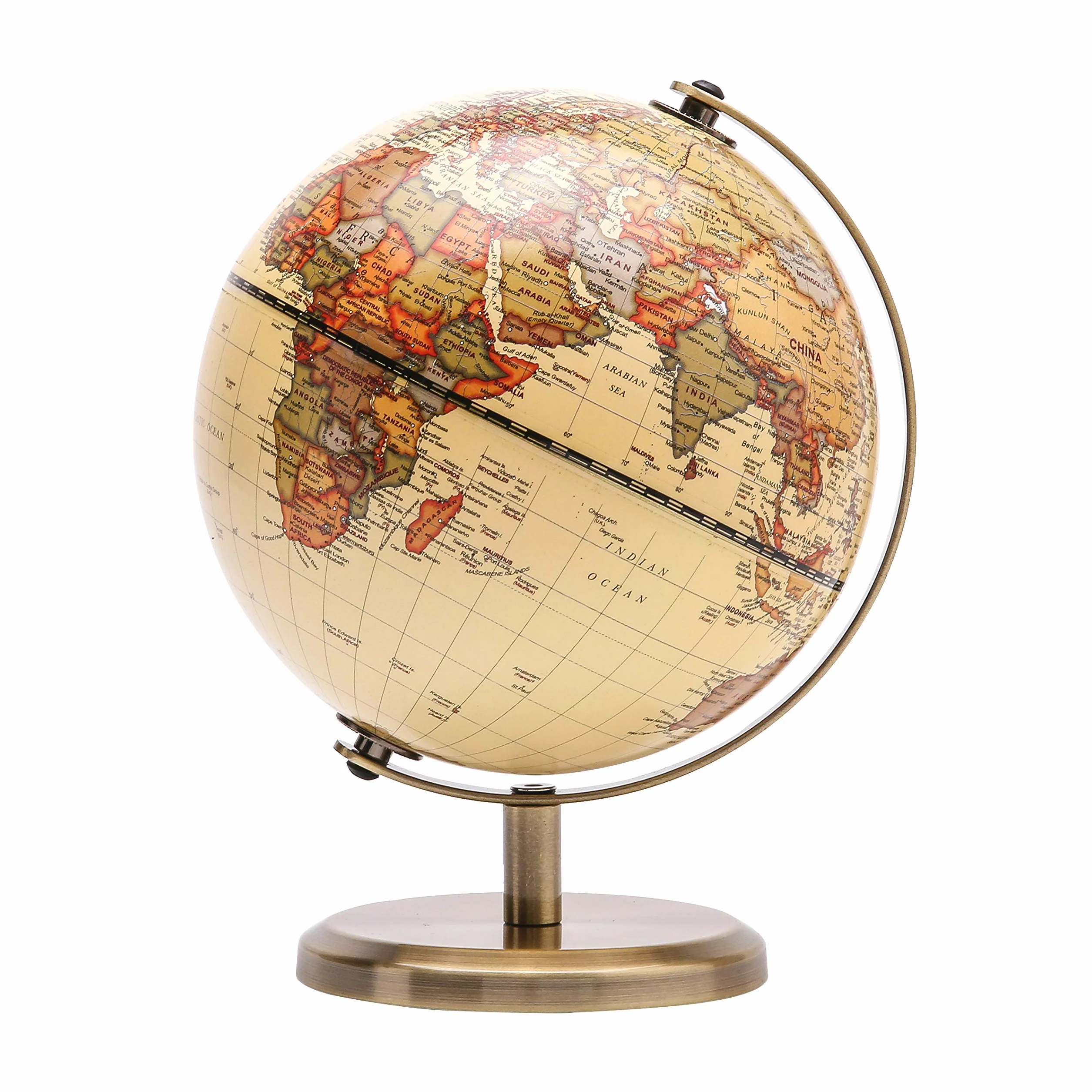 Exerz 14 cm globus światowy mini antyczny globus - edukacyjna/geograficzna/nowoczesna dekoracja biurka - średnica 14 cm metalowy łuk i podstawa brązowy kolor - szkoła, dom i biuro