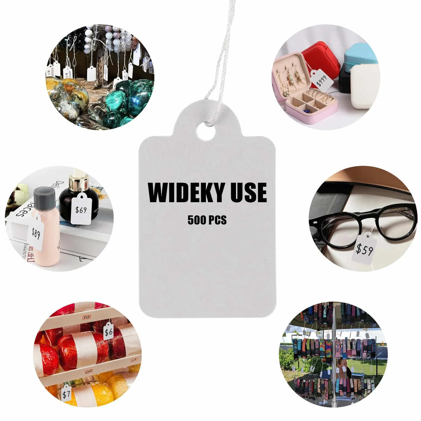 500 sztuk etykiet cenowych do zawieszania, etykiety cenowe z nicią, do opisywania na pchlim targu, biżuteria, prezent, białe - 25 mm x 45 mm