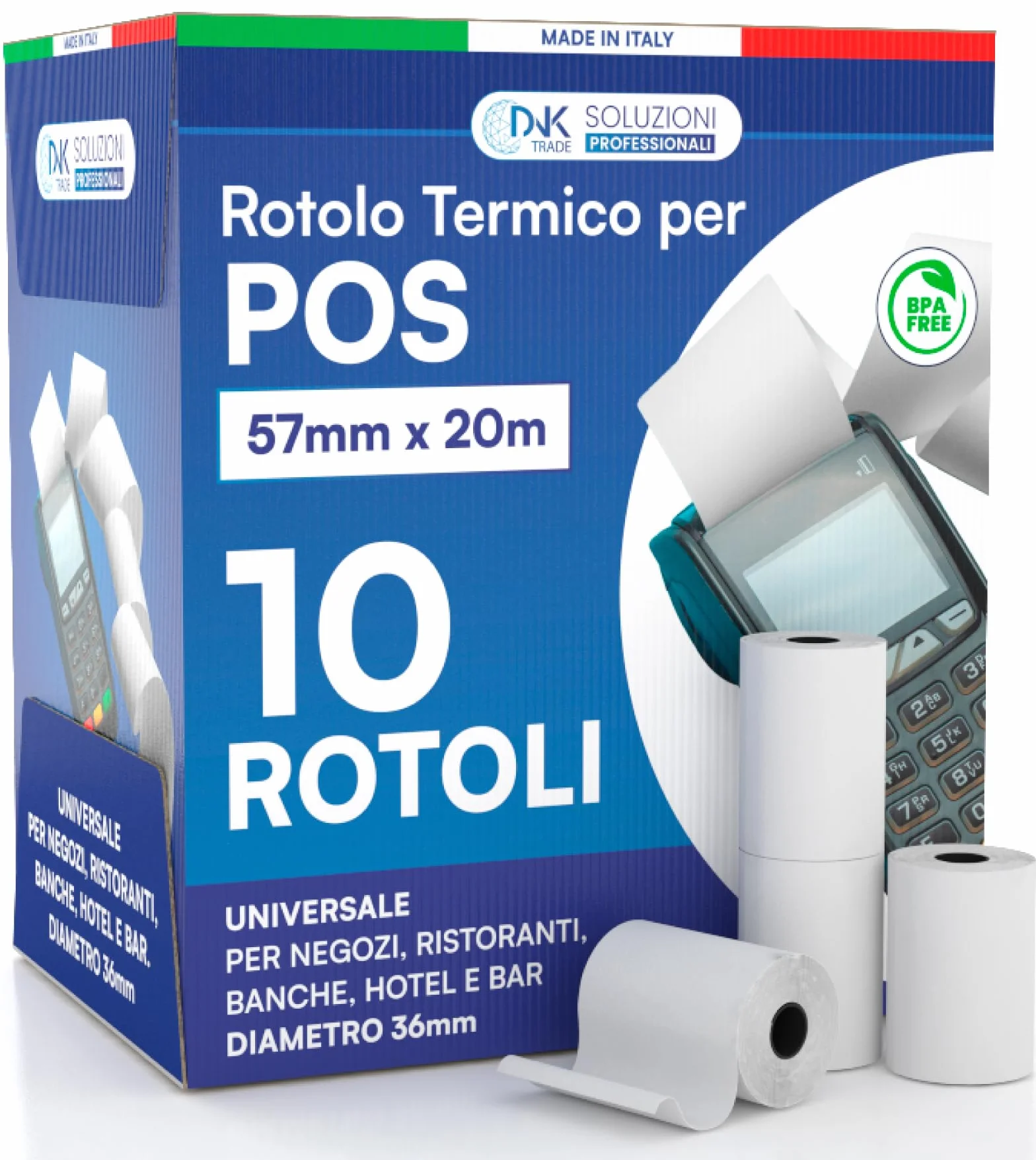 DNK TRADE, 10 rolek termotransferowych o wymiarach 57 x 20 m, idealnie nadaje się do urządzeń POS Nexi, Nexa, Sumup i innych kompatybilnych urządzeń POS (10)