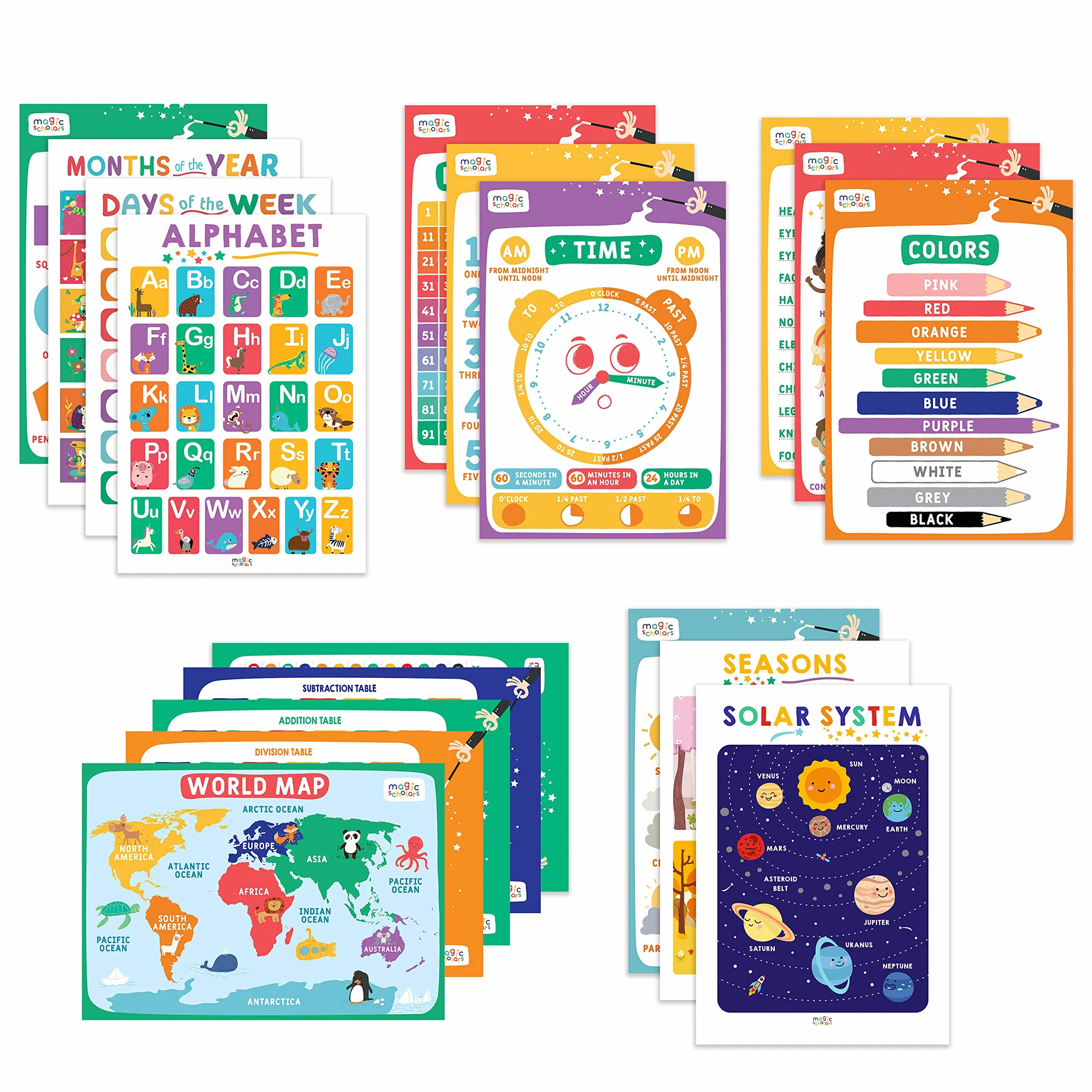 Magic Scholars Plakaty edukacyjne zestaw 18 sztuk alfabet dni tygodnia