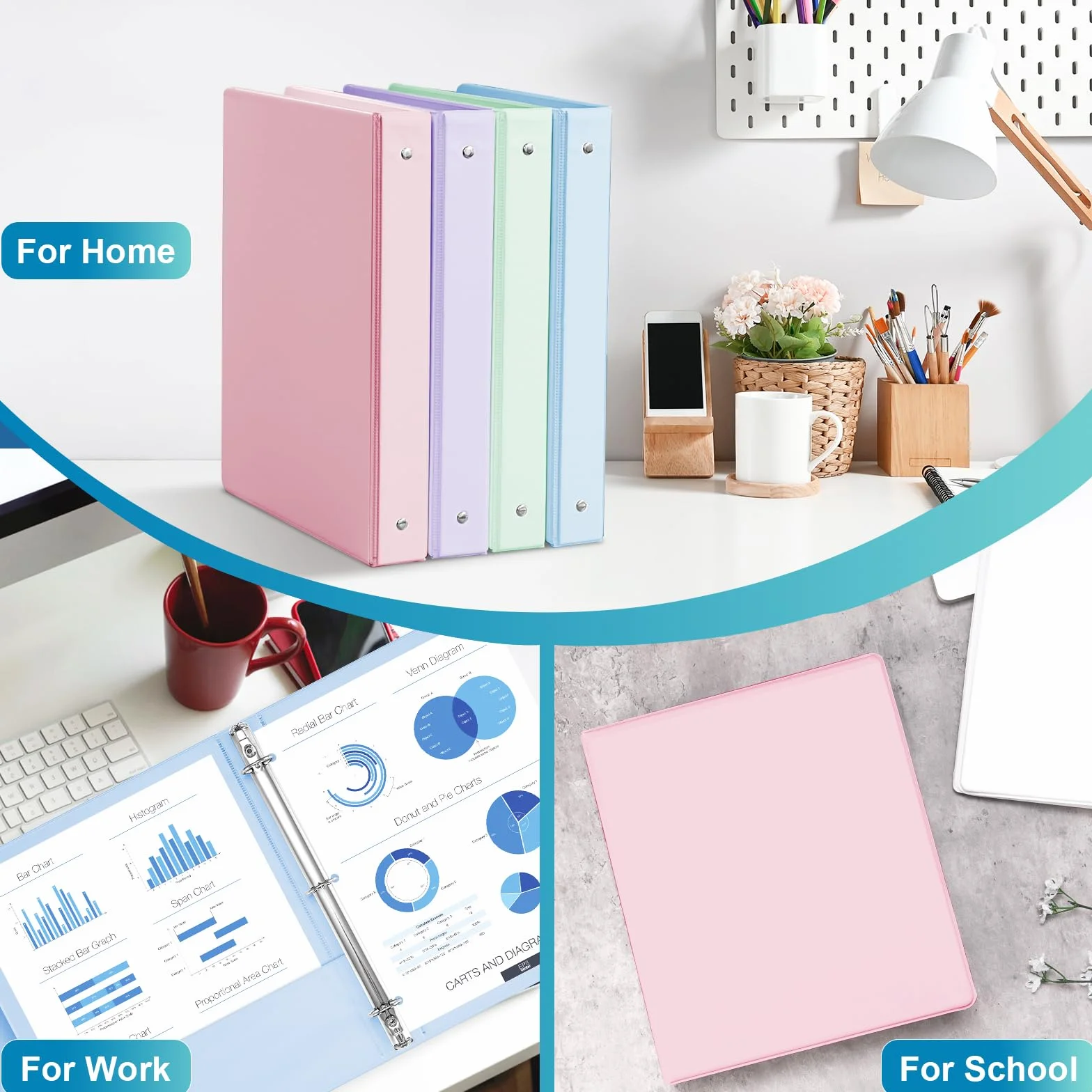 Hand Fan com 3 anéis de 2,5 cm com bolsos, capacidade para 200 folhas, fichários de 2,5 cm serve para carta de 28 x 21,6 cm, 4 cores pastel sortidas - Ideal para escola, escritório e uso doméstico
