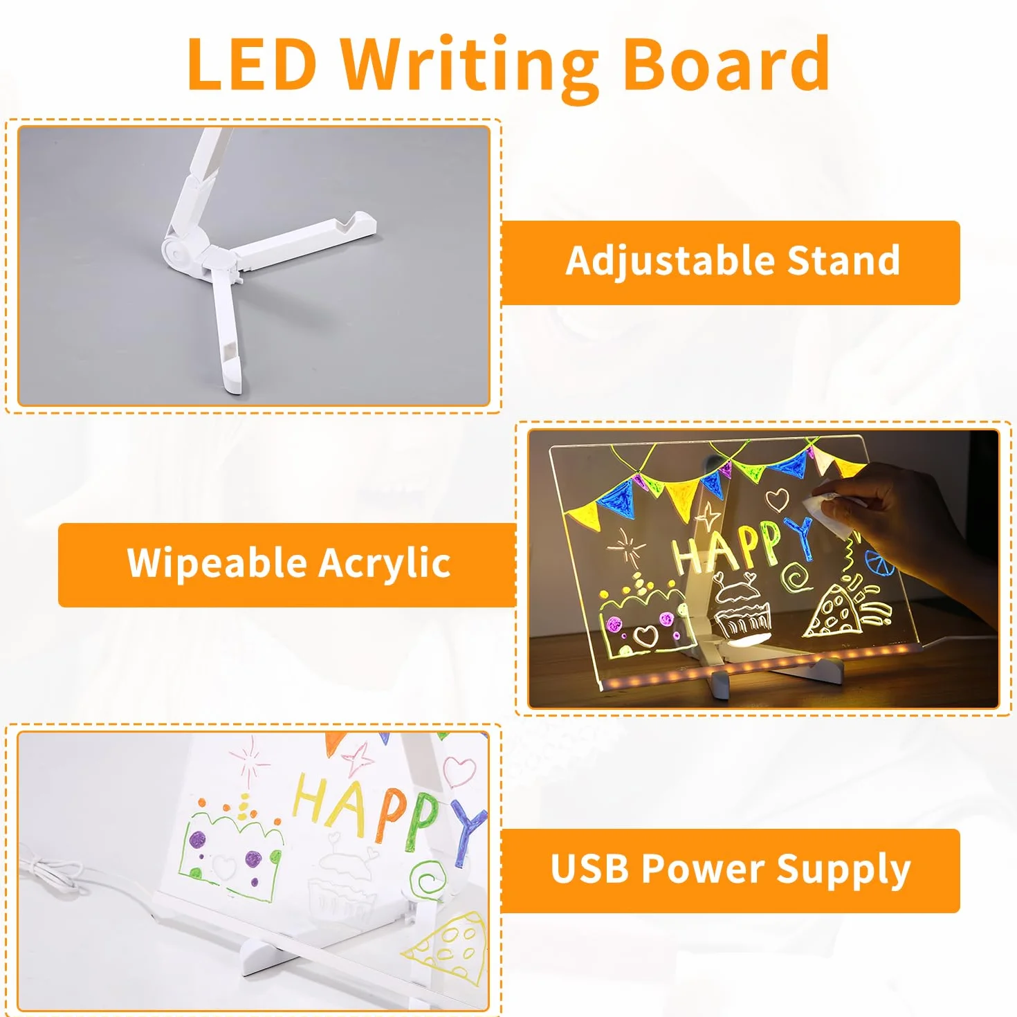 Akrylowa Tablica LED,Notatki Led z Kolorami Tablica na Pisania 17 Lampek 30x20 CM z 7 Kolorowymi Pisakami do Informacyjna Doodle,Tablic do Planowania SuchośCieralna
