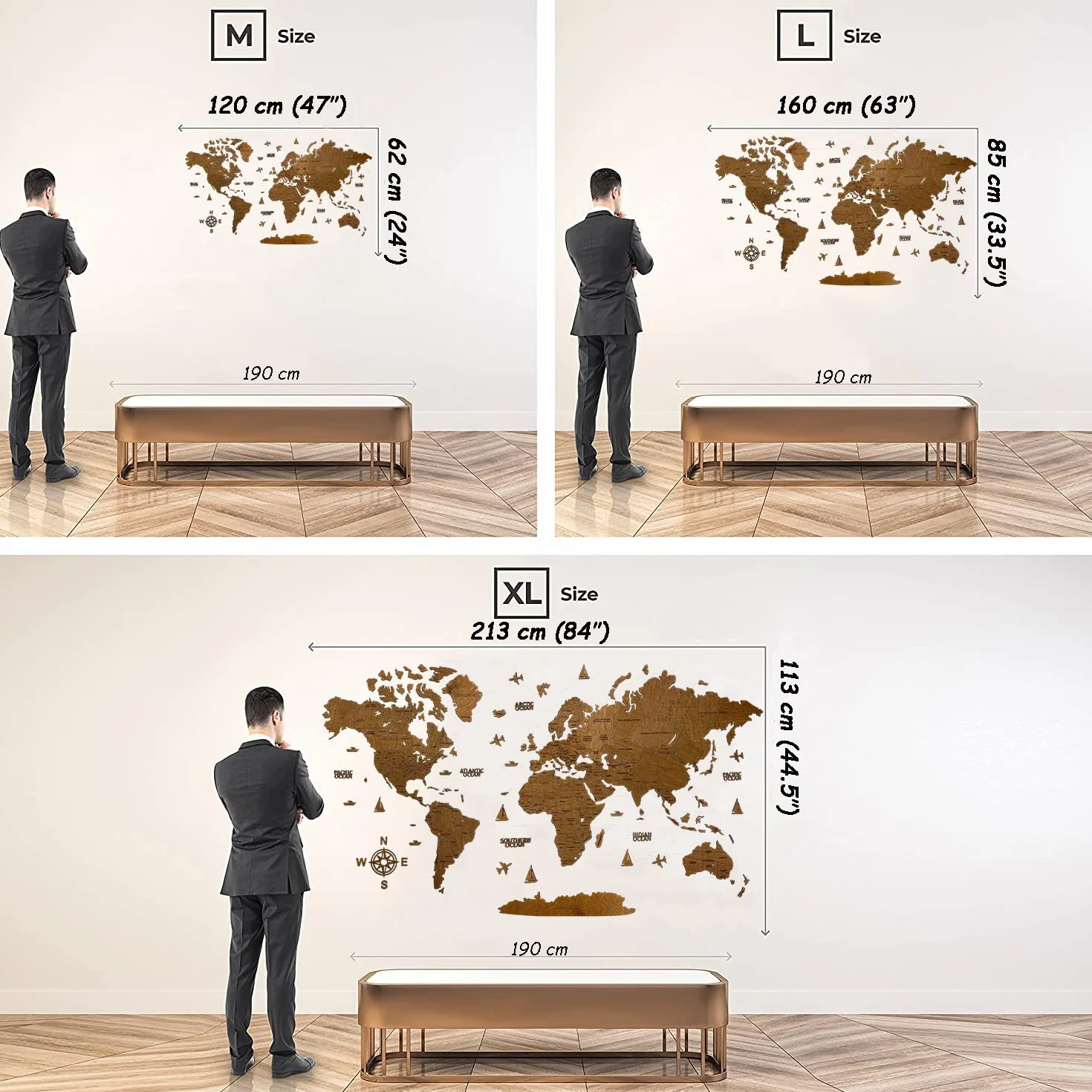 Duża drewniana mapa świata 3D sztuka ścienna dekoracja rozmiar M L XL