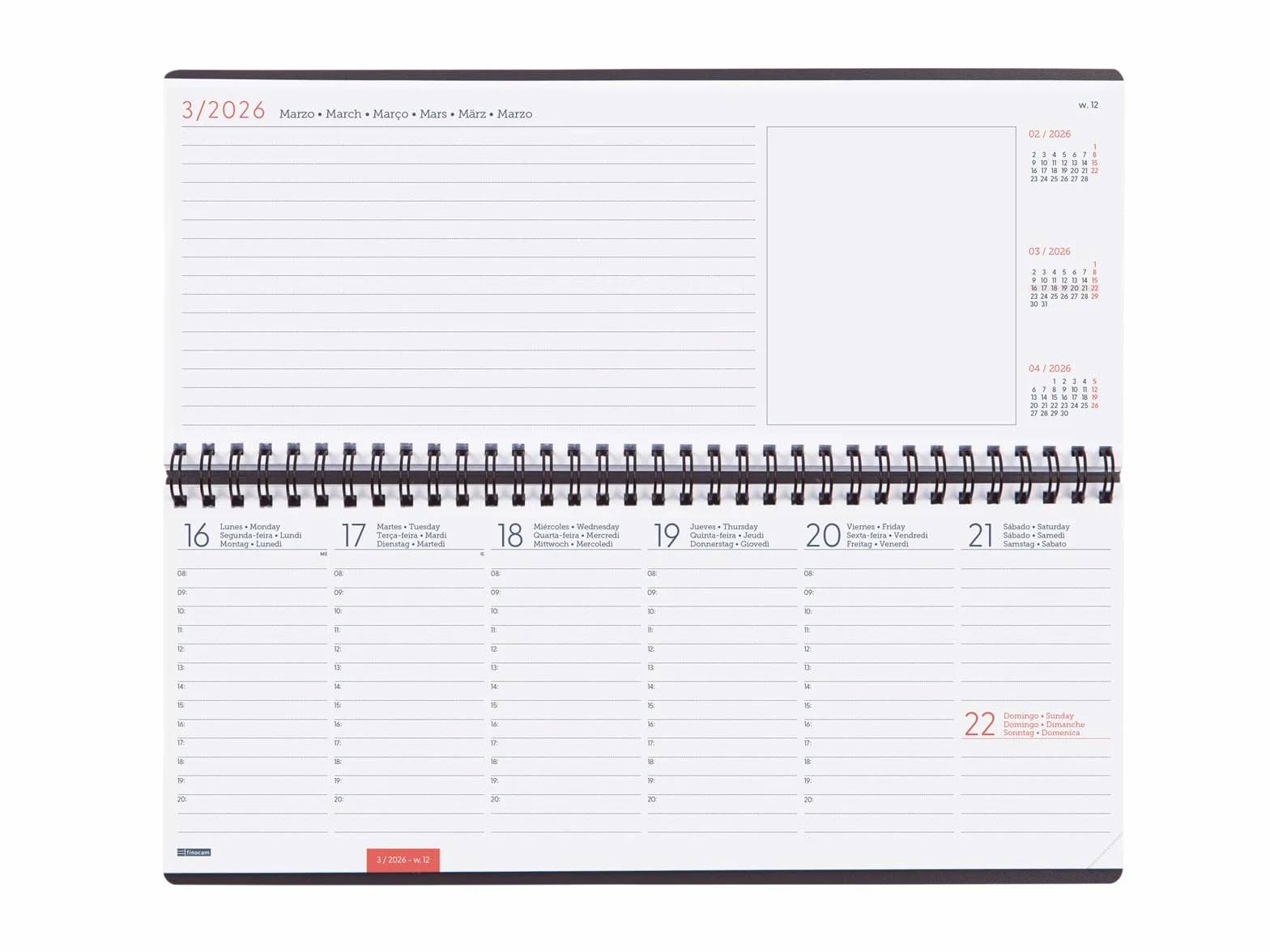 Finocam Diary Planner 2026 Week to View Notes Grey International
