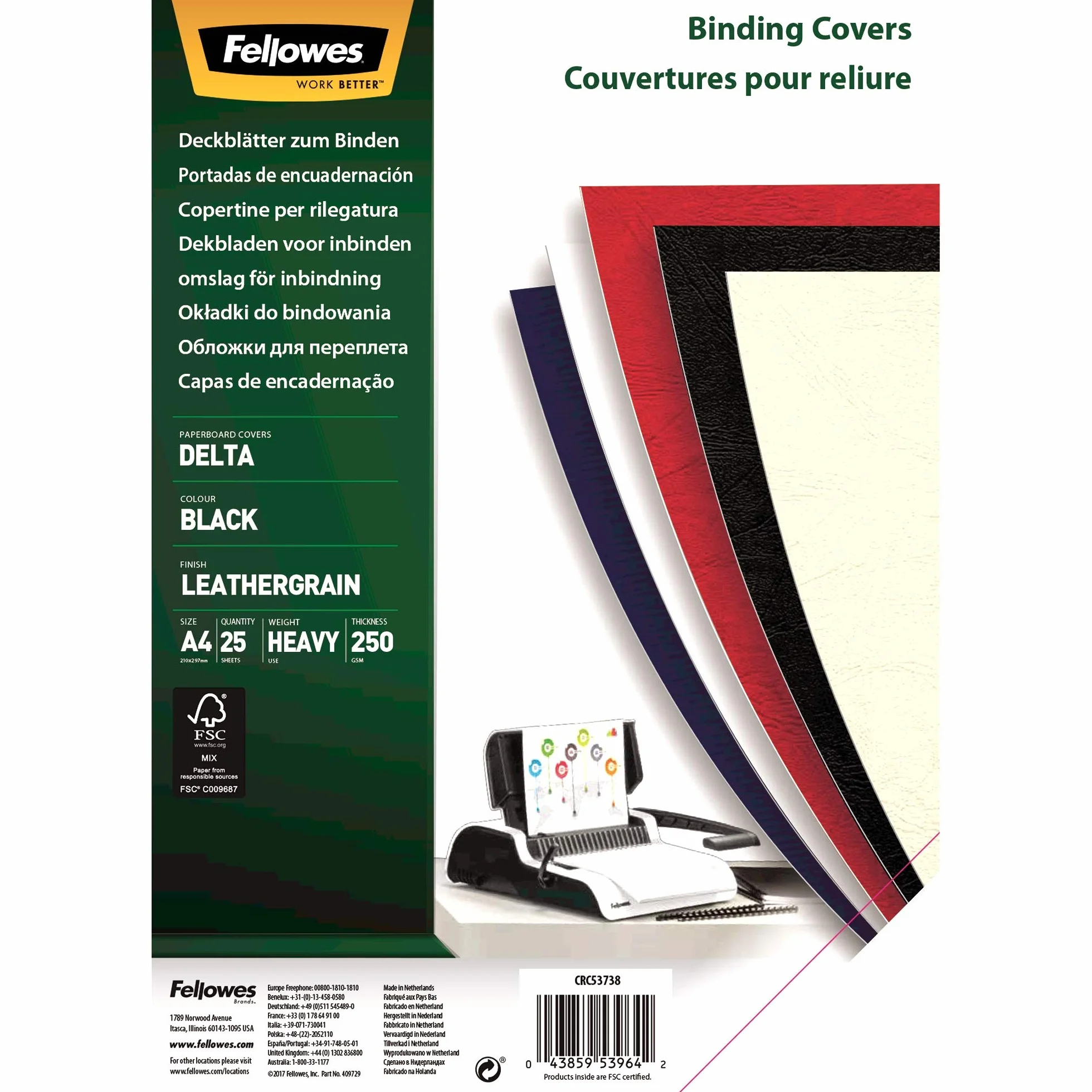 Fellowes W 100% nadające się do recyklingu pokrowce ze skóry ekologicznej A4, wytrzymałe, 250 g/m², pokrowce prezentacyjne - FSC, czarne, 25 sztuk
