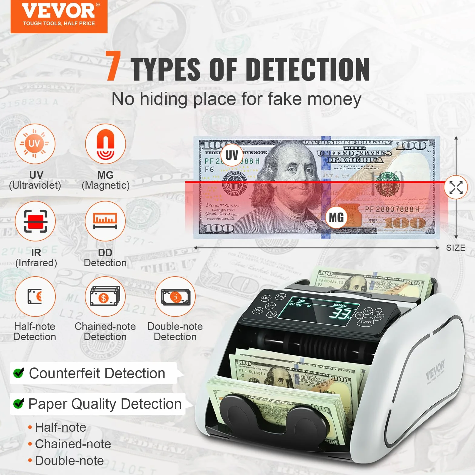 VEVOR Maszyna do liczenia banknotów USD i EUR, wykrywacz fałszywych banknotów UV, MG, IR i DD, maszyna do liczenia banknotów z dużym wyświetlaczem LCD i zewnętrznym ekranem, dla małych firm