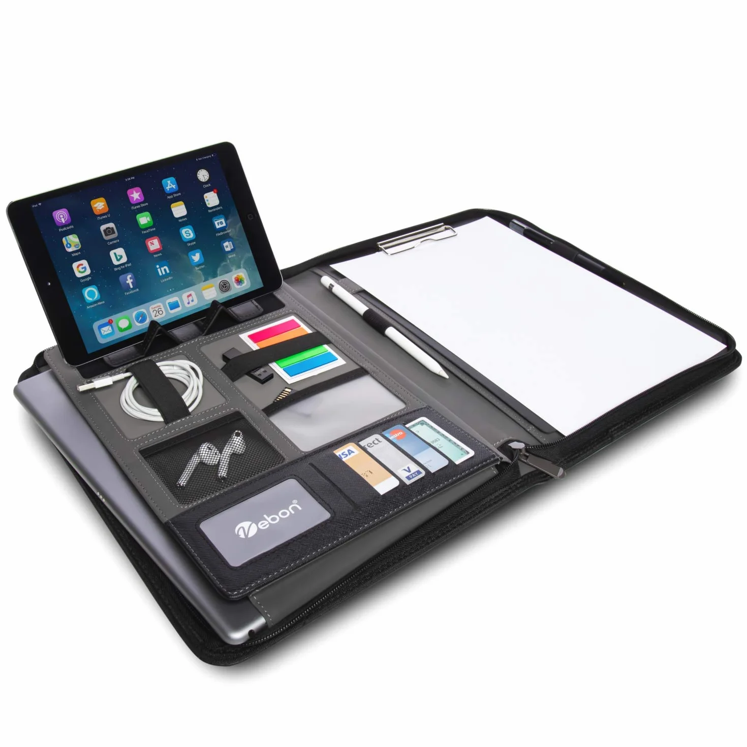 Vebon London Teczka konferencyjna formatu A4, z wegańskiej skóry, z zamkiem błyskawicznym, jako teczka na dokumenty i torba na laptop 2 w 1, z uchwytem na smartfon i podkładką z klipsem, czarny,