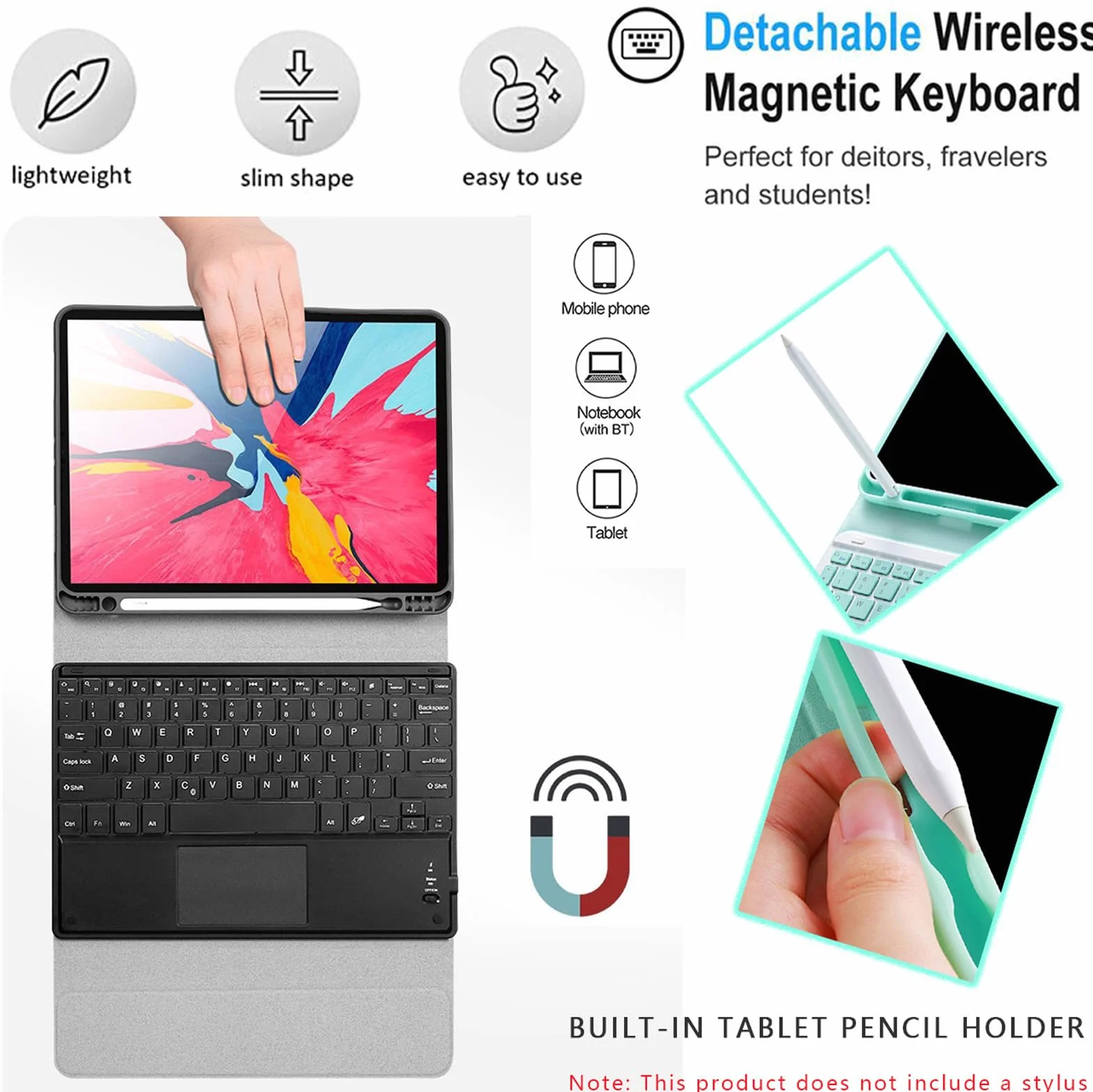 Etui na Klawiaturę z Touchpadem do iPad 6. Gen 2018, iPad Pro 9,7", iPad Air 2, Podświetlana 7 Kolorów, Ciemnoniebieski