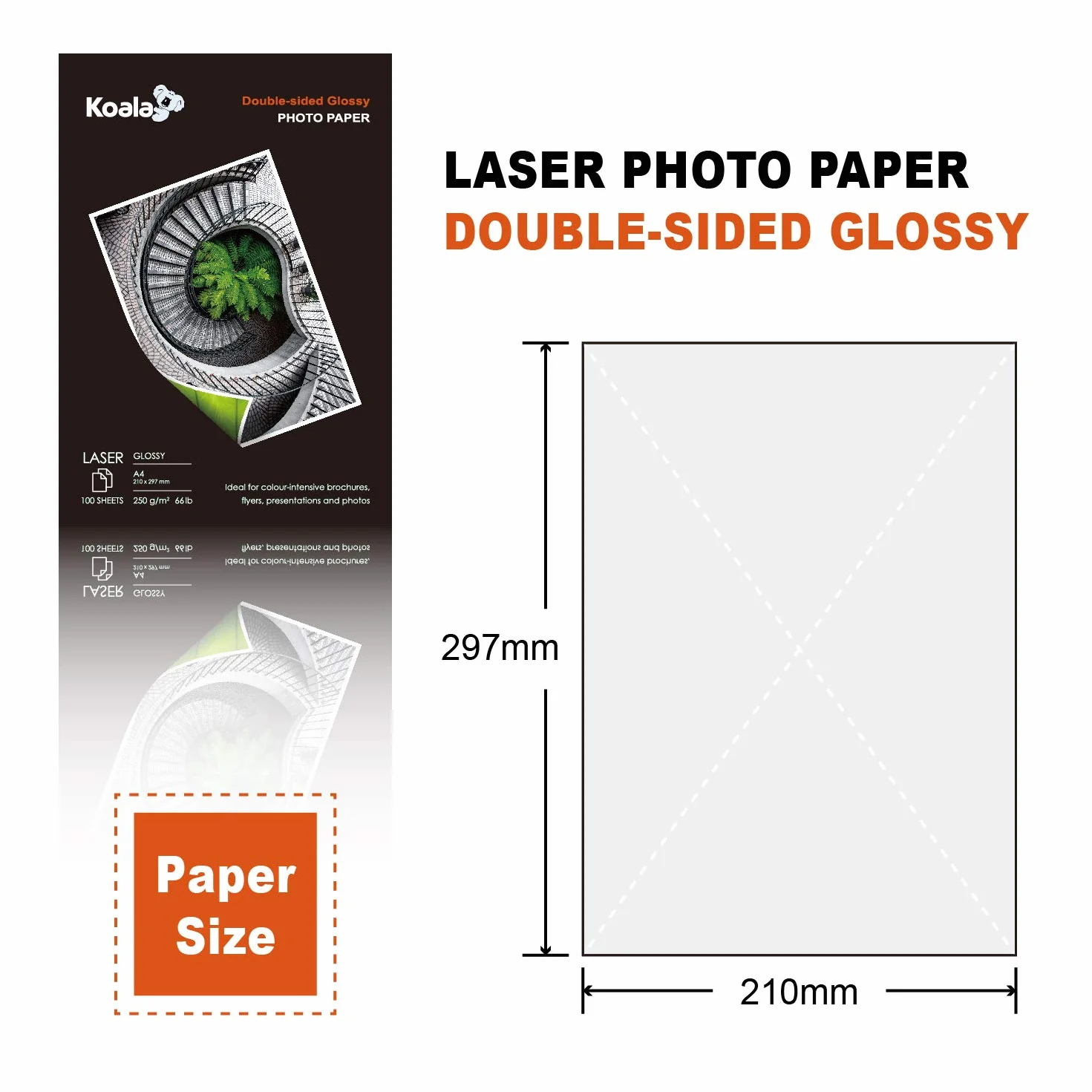 KOALA dwustronny błyszczący papier fotograficzny A4, 250 g/m², 100 arkuszy, do wszystkich drukarek laserowych i kopiarek