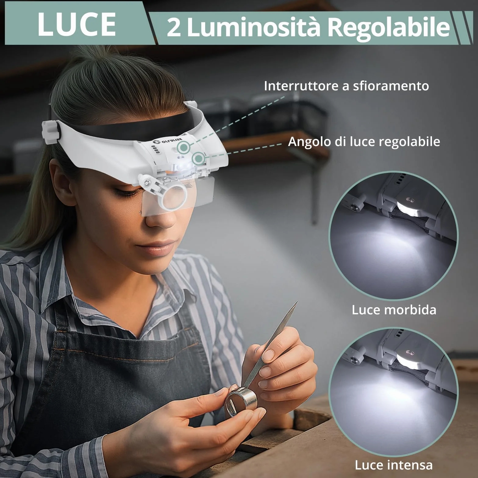 COLFULINE okulary powiększające ze światłem, 2 diody LED, lupa z lekką opaską na czoło, 5 soczewek 1,0X do 3,5X, akumulator 300mAh i ładowanie USB, 2 regulowana jasność okularowa lupa z opaską na