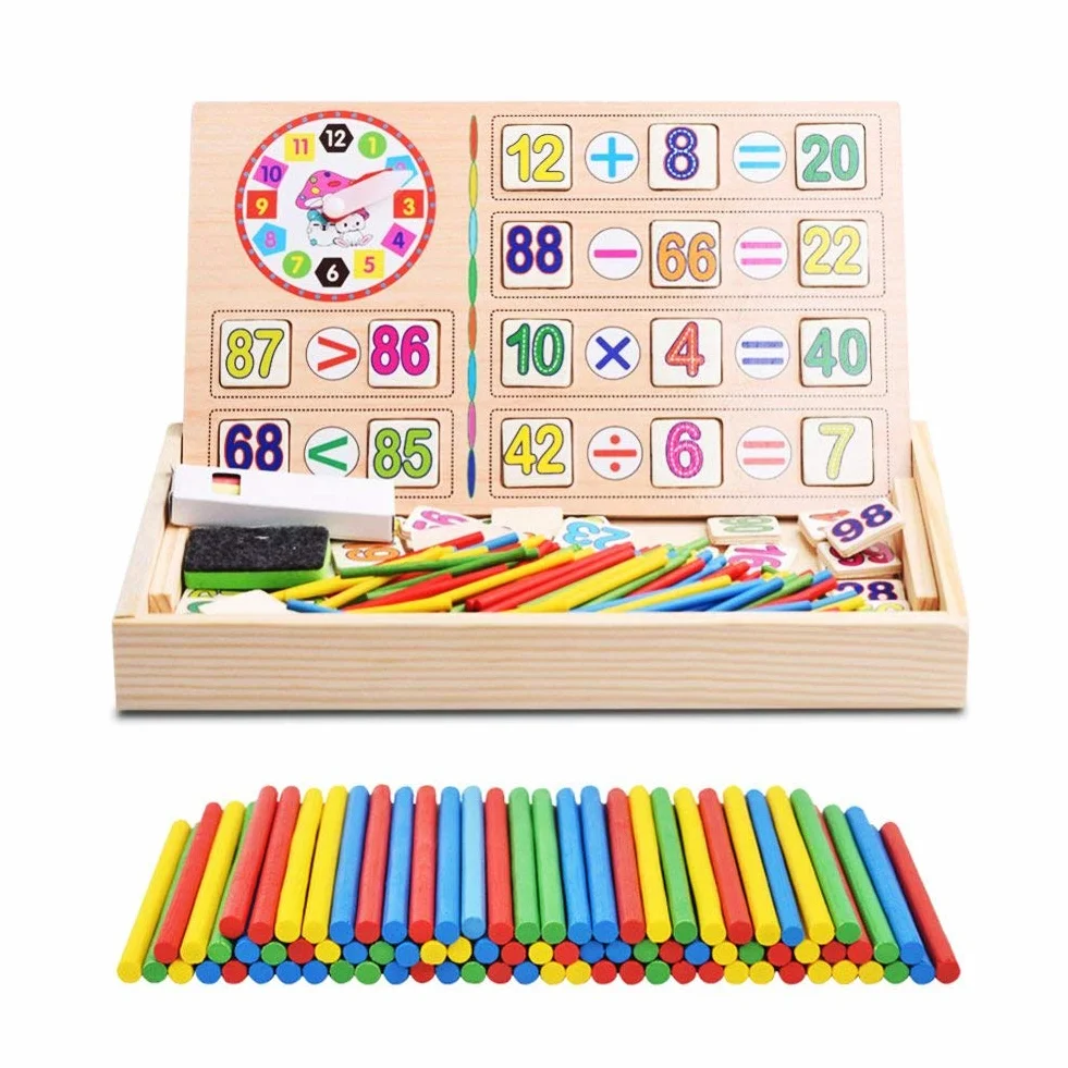 Drewniane karty z numerami i pręty do liczenia z pudełkiem edukacyjne dla dzieci