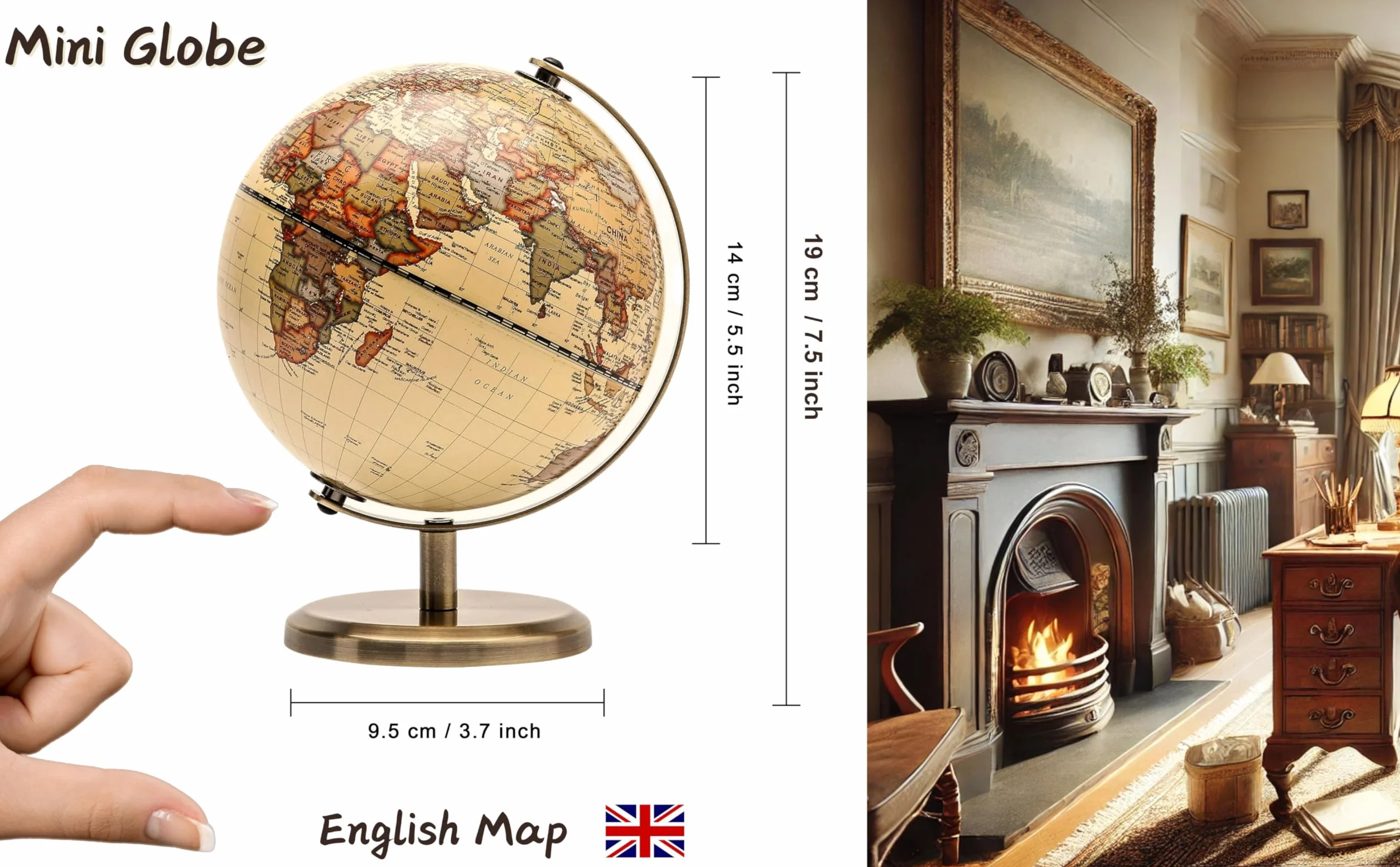 Exerz 14 cm globus światowy mini antyczny globus - edukacyjna/geograficzna/nowoczesna dekoracja biurka - średnica 14 cm metalowy łuk i podstawa brązowy kolor - szkoła, dom i biuro