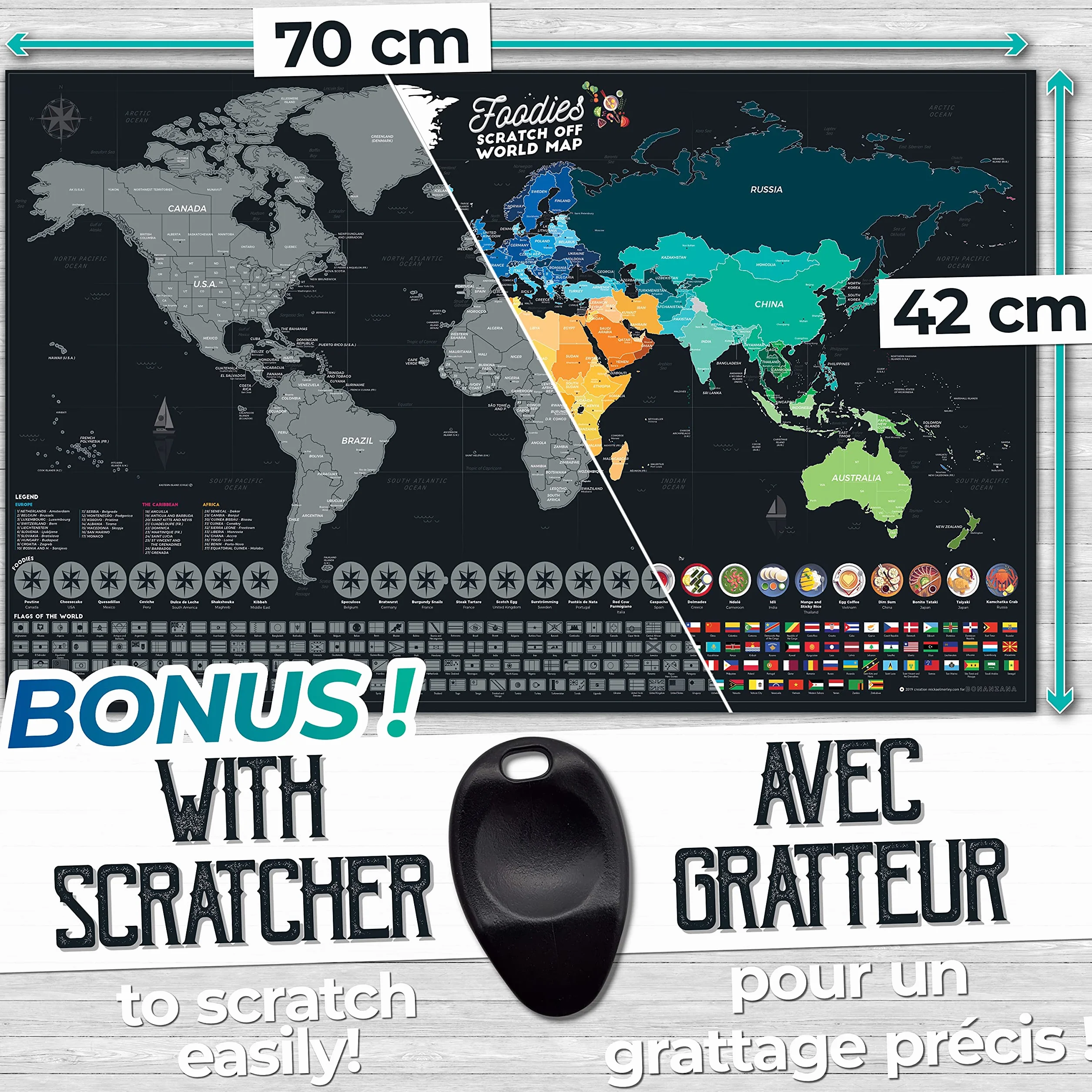 Bonanzana Mapa świata do zdrapywania XXL 70 x 42 cm z 25 produktami spożywczymi i 197 flagami Scratch off World Map prezent