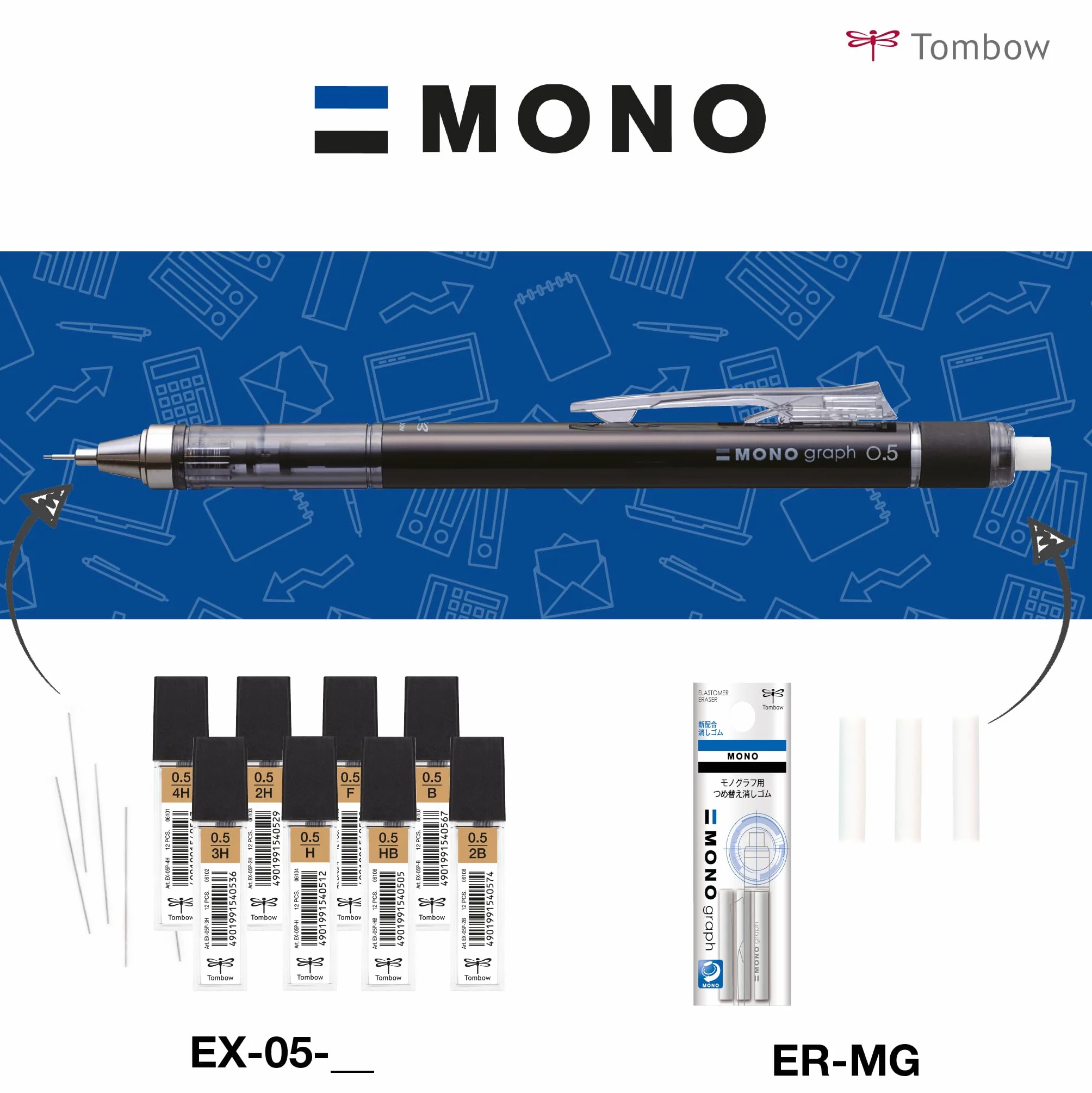 Tombow Ołówek mechaniczny MONO graph 05 matowy fioletowy, grubość kreski 0,5 mm, HB, zintegrowana gumka do ścierania [SH-MG92]
