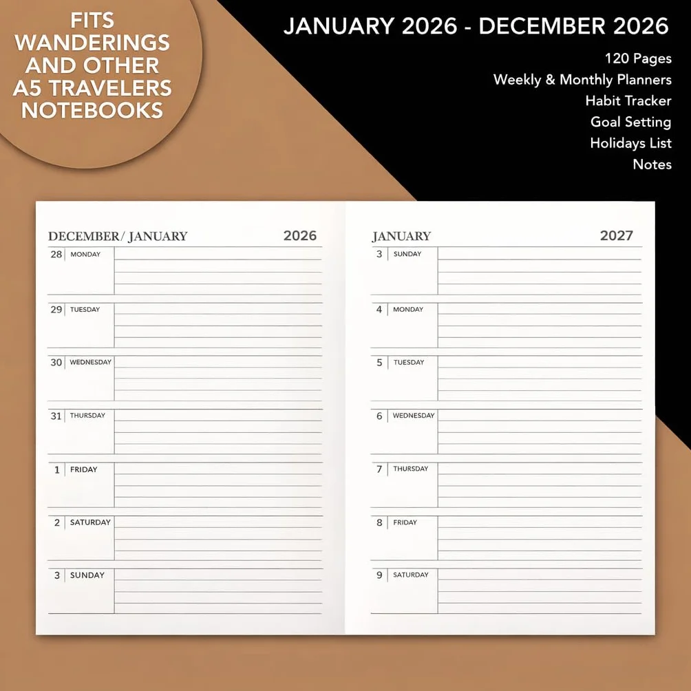 Wkłady Uzupełniające do Kalendarza A5 Traveler's Notebook 2027, 14,2 x 21 cm, Styczeń-Grudzień 2027