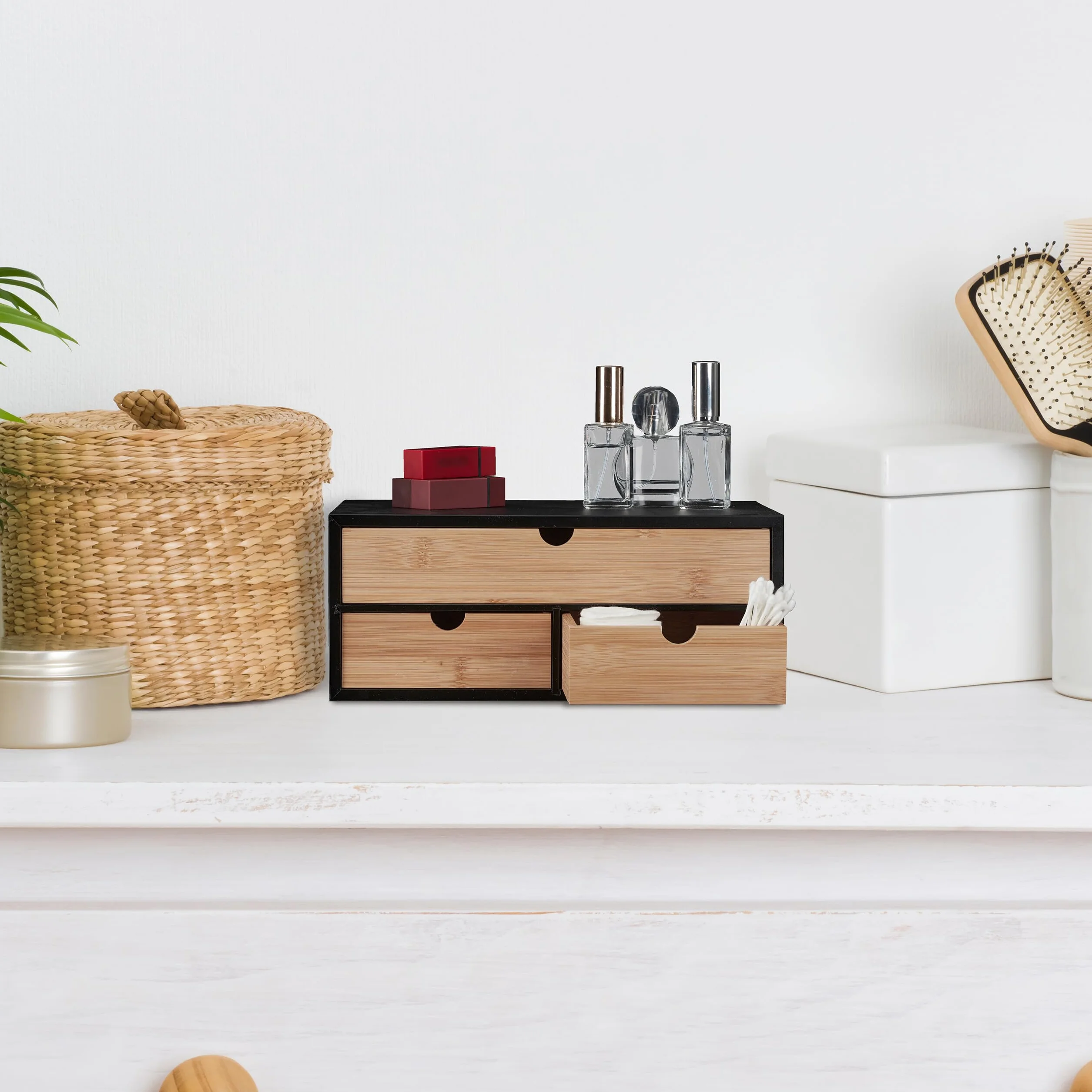 Relaxdays Organizer na biurko 3 szuflady bambus MDF 13,5 x 33 x 21 cm naturalny czarny