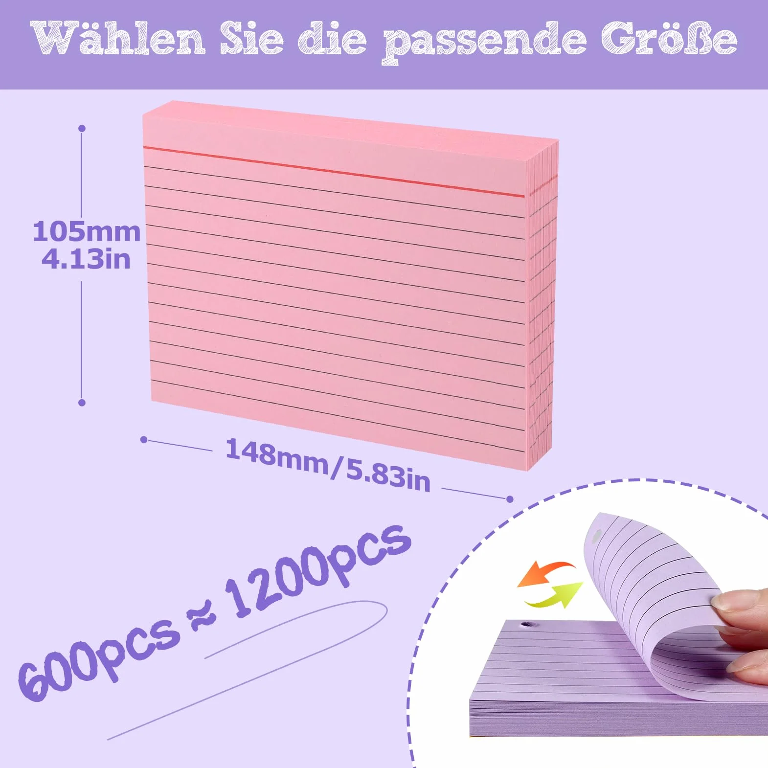 600 fiszek do dwustronnego druku, kartki do nauki A8, z okładką i pierścieniem na luźne liście, sześciokolorowe kartki w linie, odpowiednie do biur, mieszkań i szkół (7,4 x 5,2 cm)