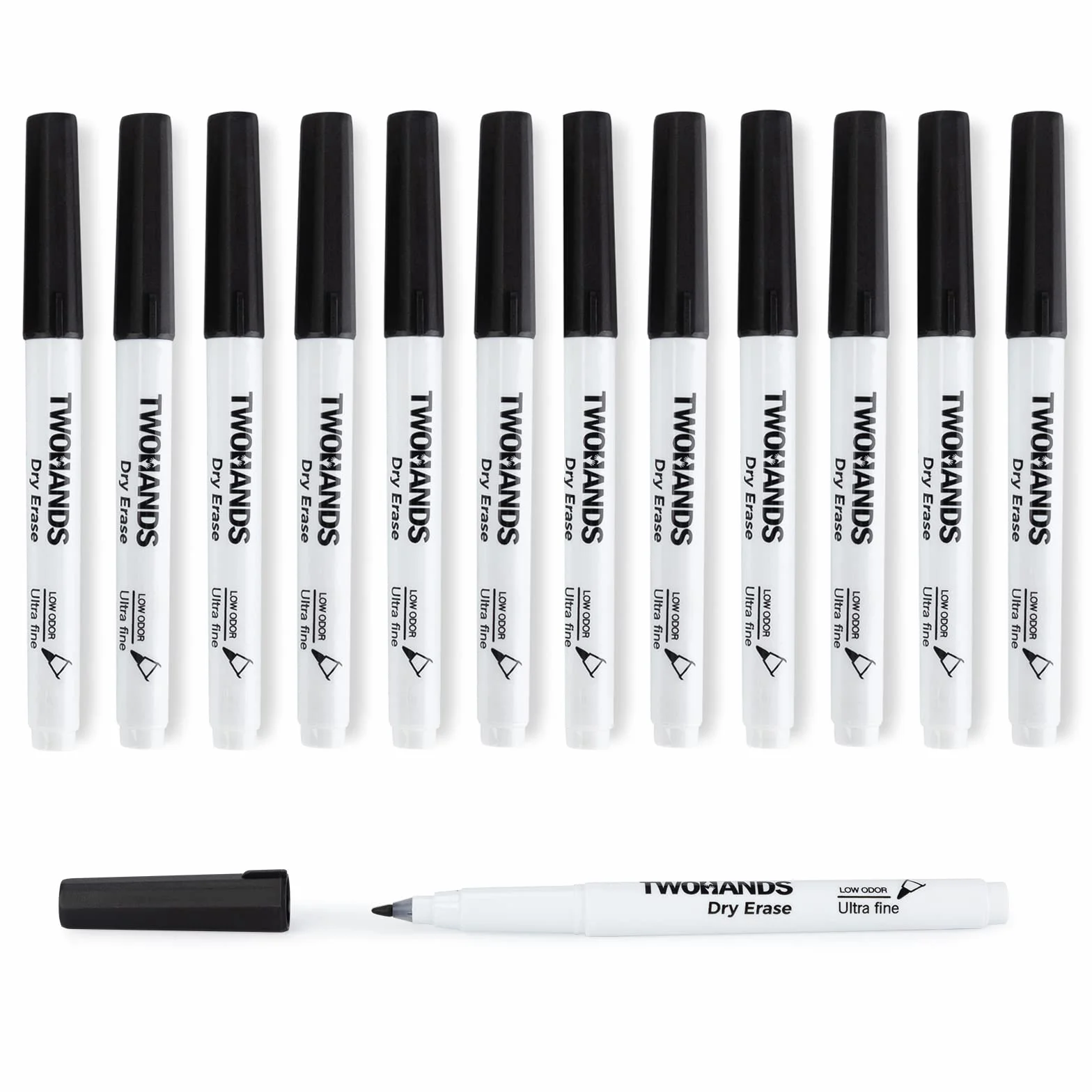 TWOHANDS Dry Erase Markers Ultra Fine Tip, 0.7mm, Niski zapach, Extra Fine Point, Czarny, Biały Pióro do Szkoły, Biura lub Planowania Whiteboard,12 Liczba,20536