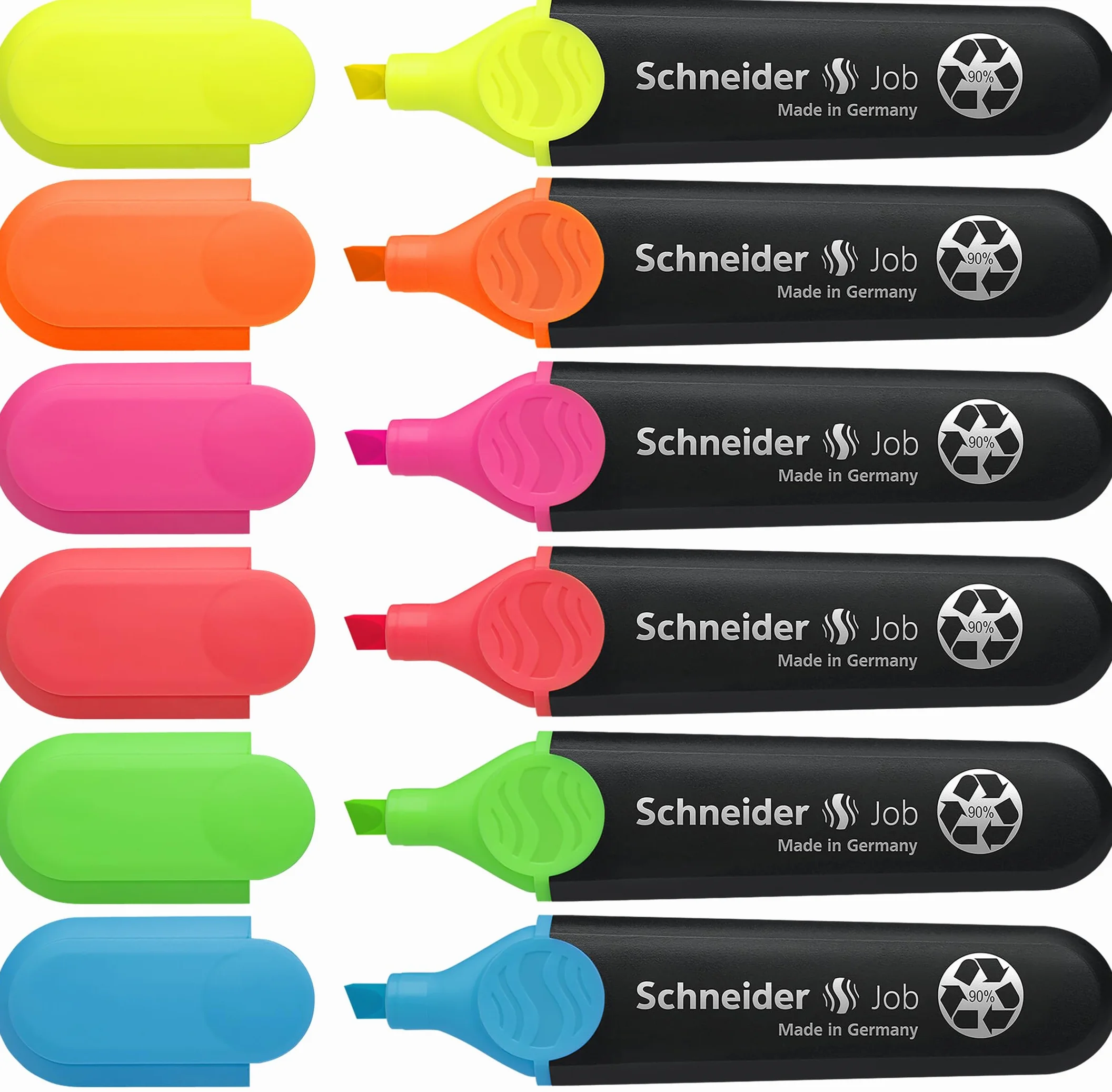 Schneider Job 150 zakreślacze (z tworzywa sztucznego pochodzącego z recyklingu, wyróżnione niebieskim aniołkiem) 6 sztuk w etui sortowane