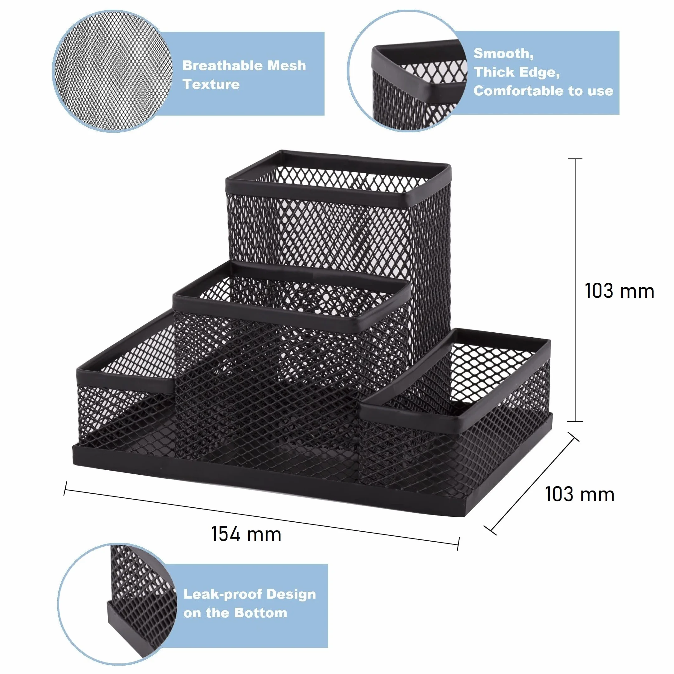 D.RECT Organizer na Biurko z Siatki Metalowej – Czarny Pojemnik na Długopisy i Karteczki – Półka Biurowa 103 x 154 x 103 mm