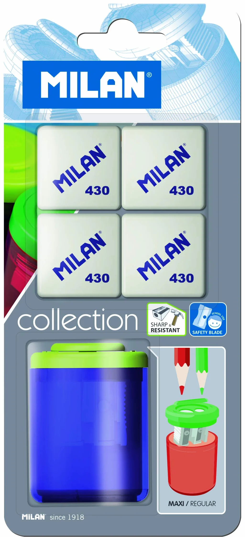 Blister sacapuntas Collection School 4 gomas de borrar 430