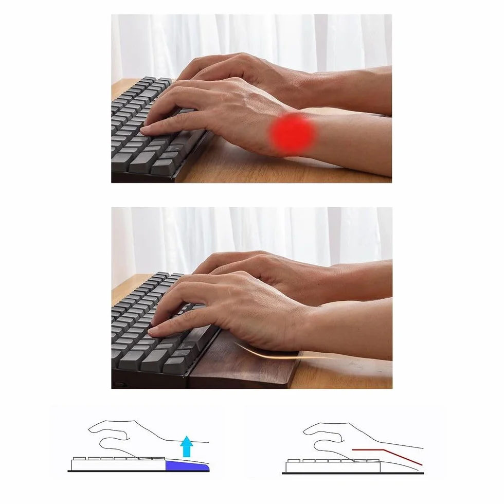 Podpórka pod nadgarstek z litego drewna czarnego orzecha, 60 klawiszy 30 cm, antypoślizgowa ergonomiczna, zestaw do biura i gier