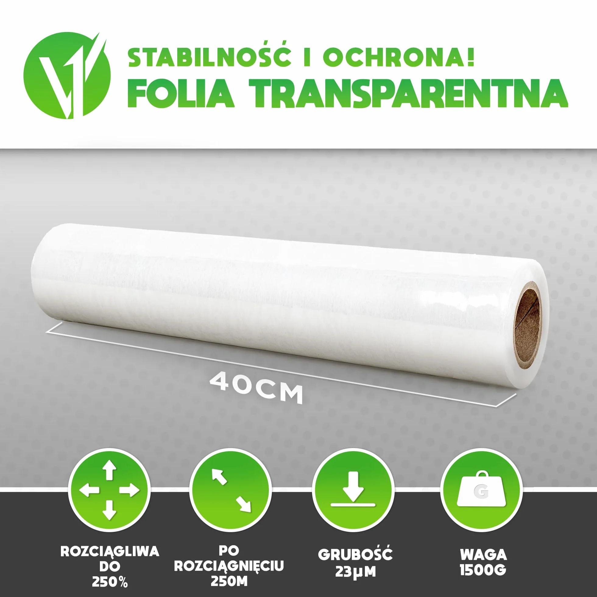 Folia stretch przezroczysta 1,5 kg 23 mikrometry 100 m 40 cm