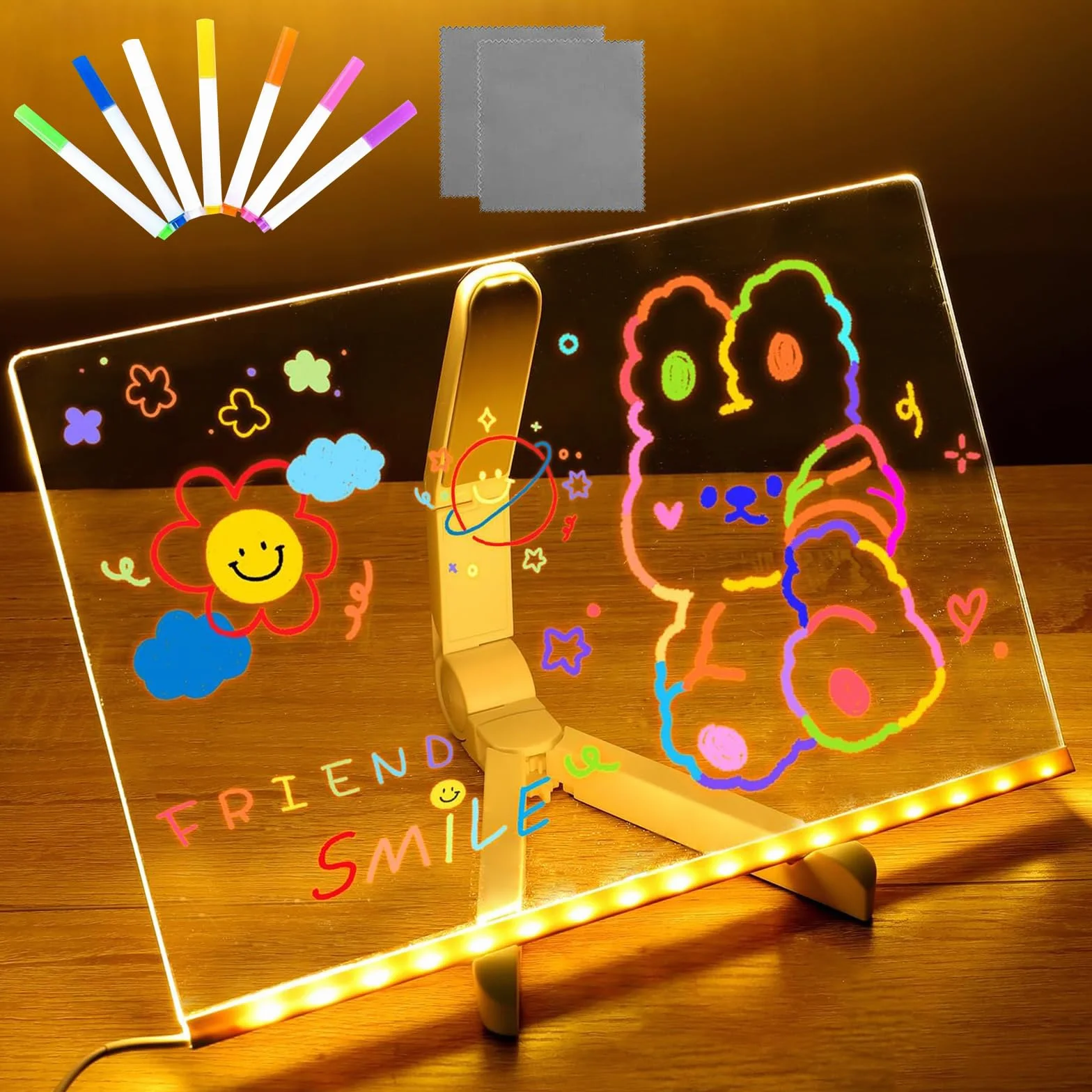 Tablica LED na notatki ze stojakiem 7 kolorów akrylowa zmywalna 20 x 30 cm