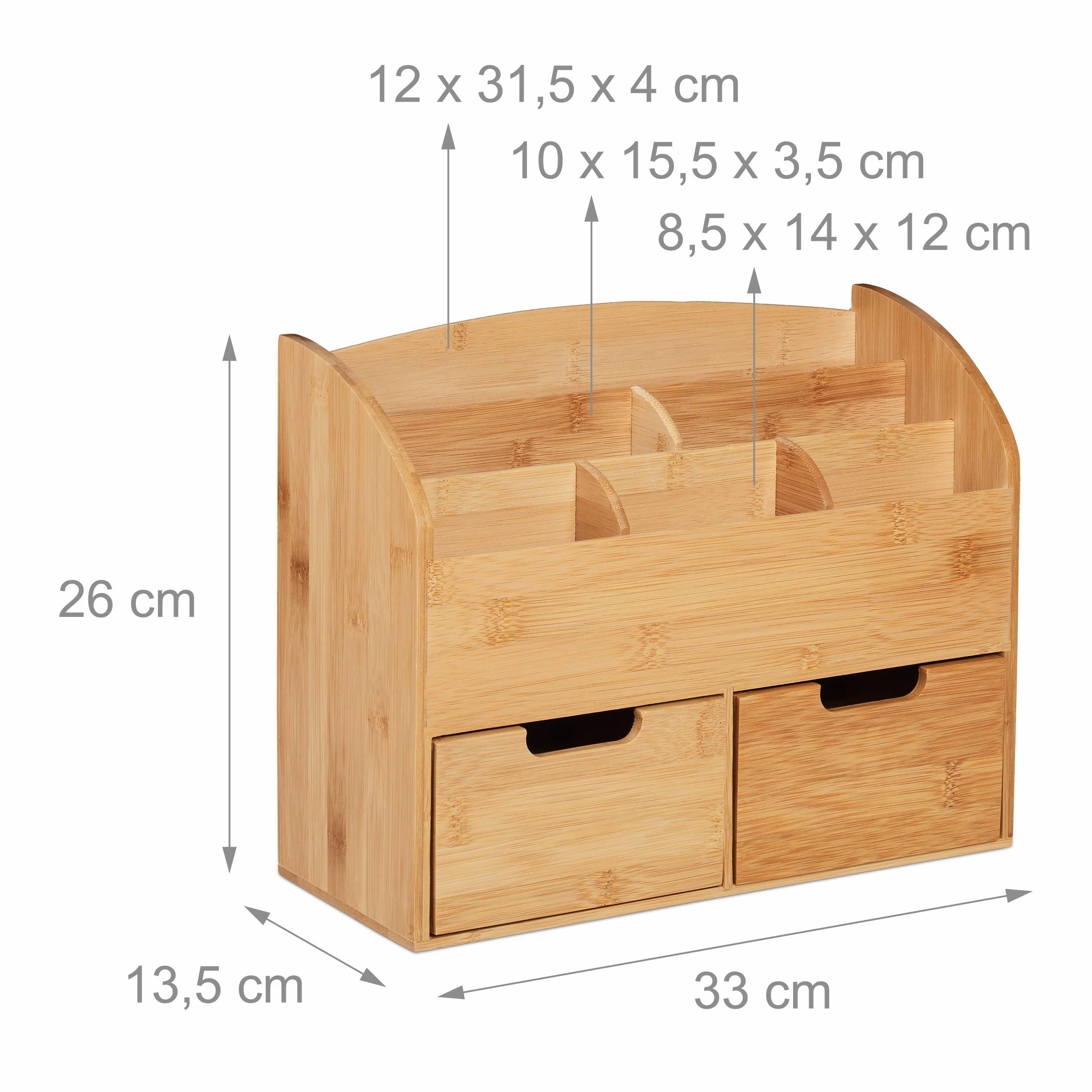 Relaxdays Organizer na biurko 6 przegródek 2 szuflady bambus 26 x 33 x 13,5 cm naturalny