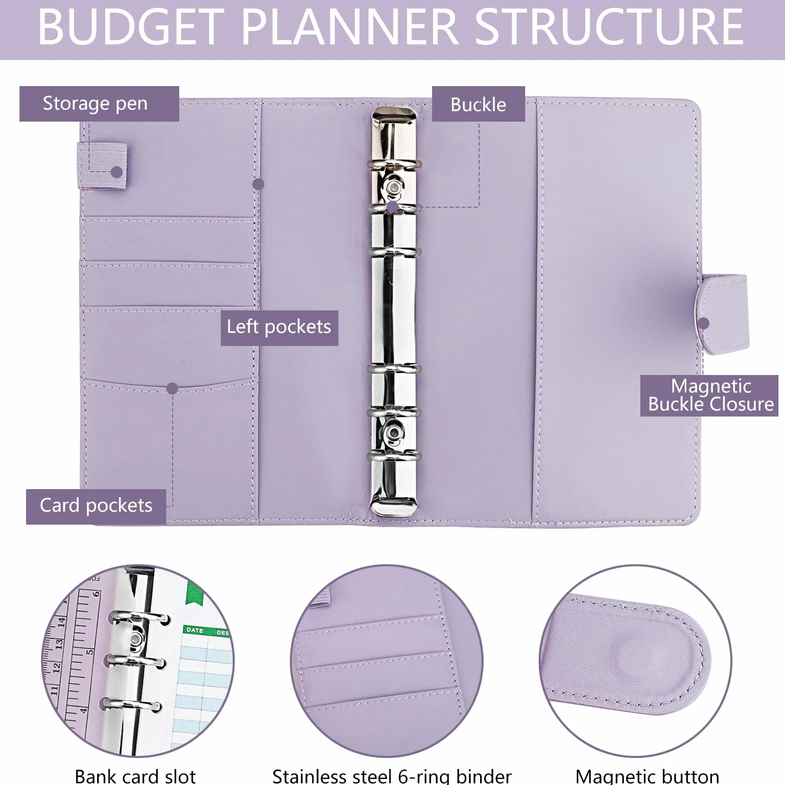 Składnik do pierścieni A6-30 Piece Money Binder z kopertami szlifkowymi i etykietami - idealny dla kopert budżetowych i skrładnik budżetowy francuski do organizacji pracy i domu (fioletowy)