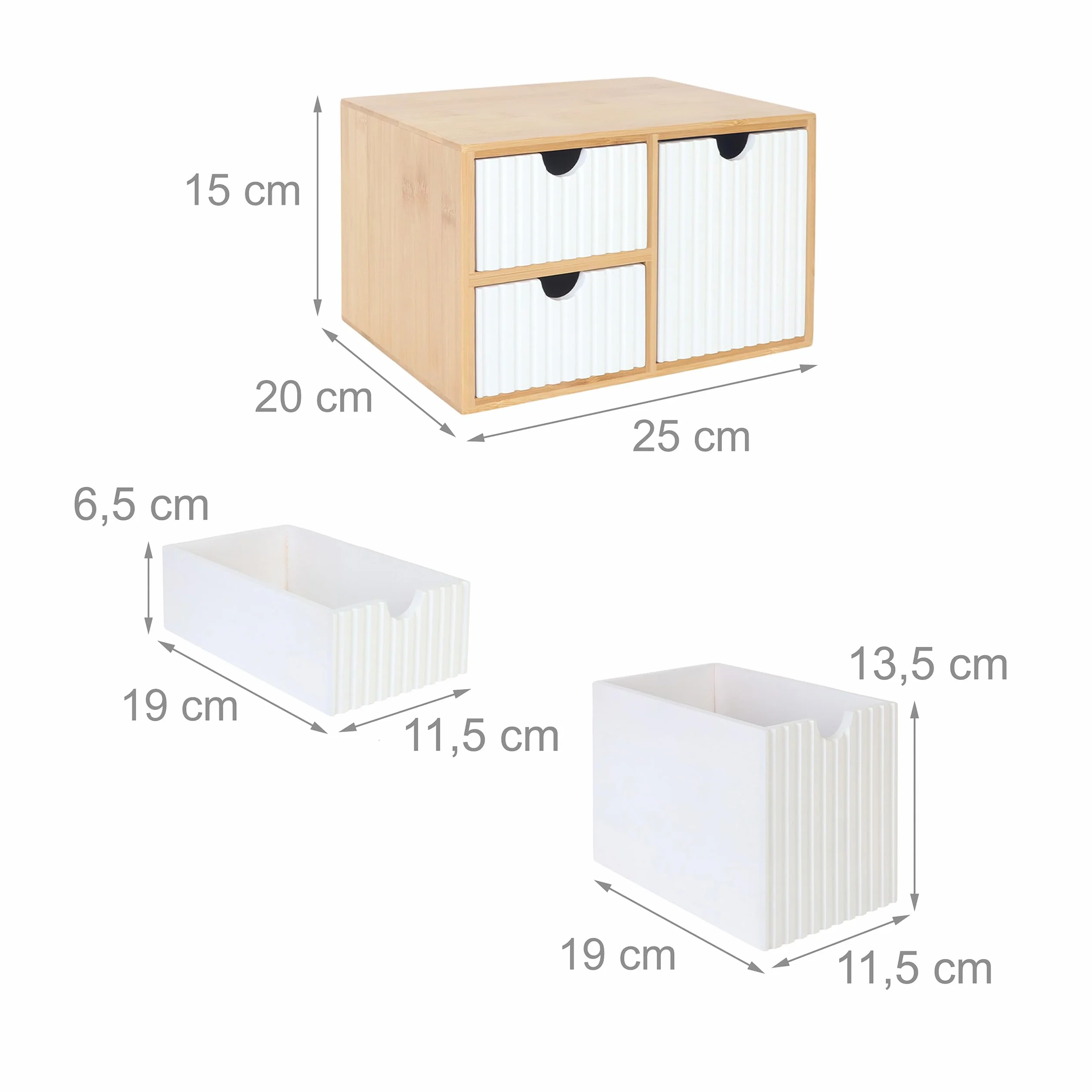 Relaxdays Pudełko z szufladami bambus MDF 3 szuflady organizer na biurko biały naturalny