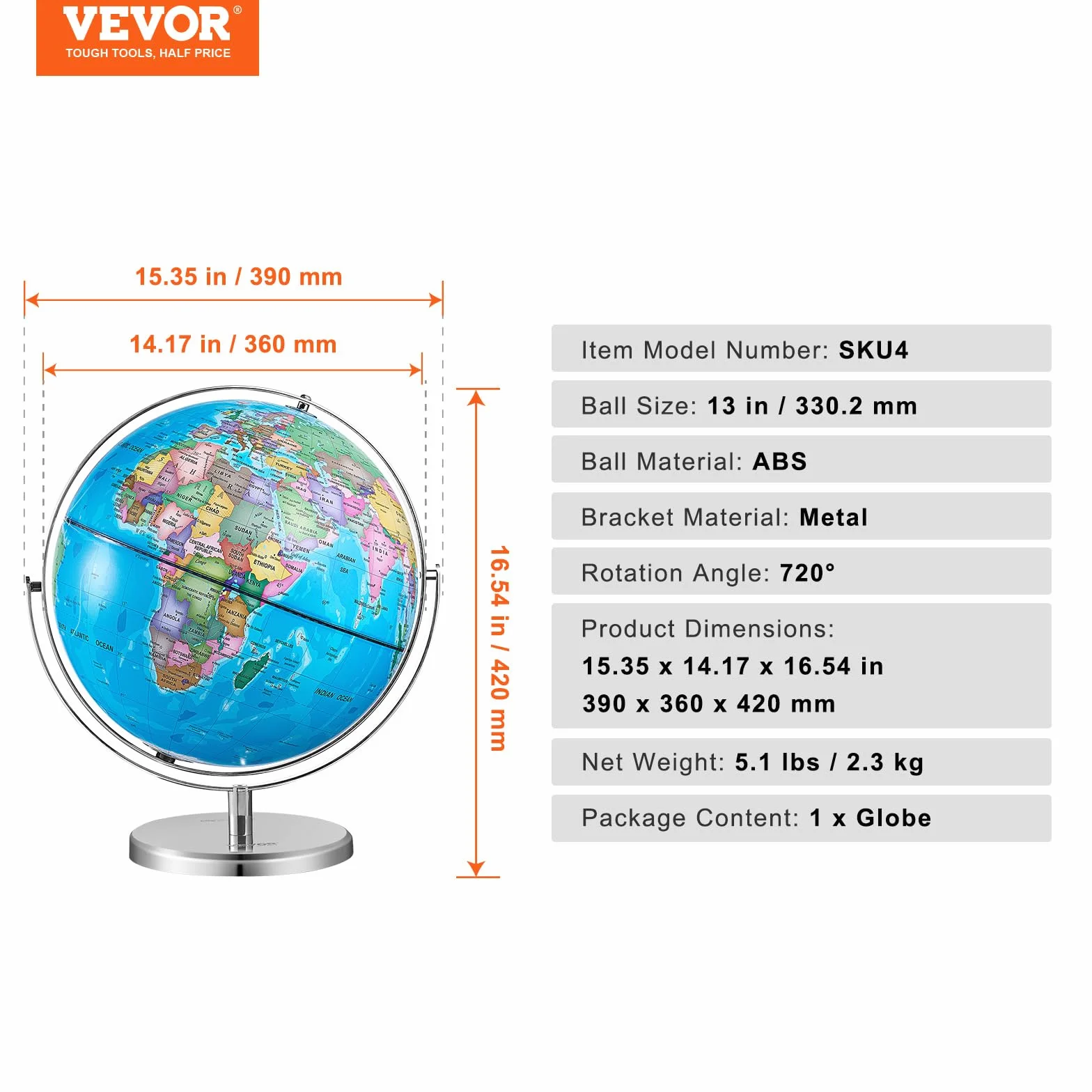 VEVOR Obrotowy Globus Światowy 330,2 mm Edukacyjny Geograficzny ABS Strefa Czasowa 720° dla Dzieci