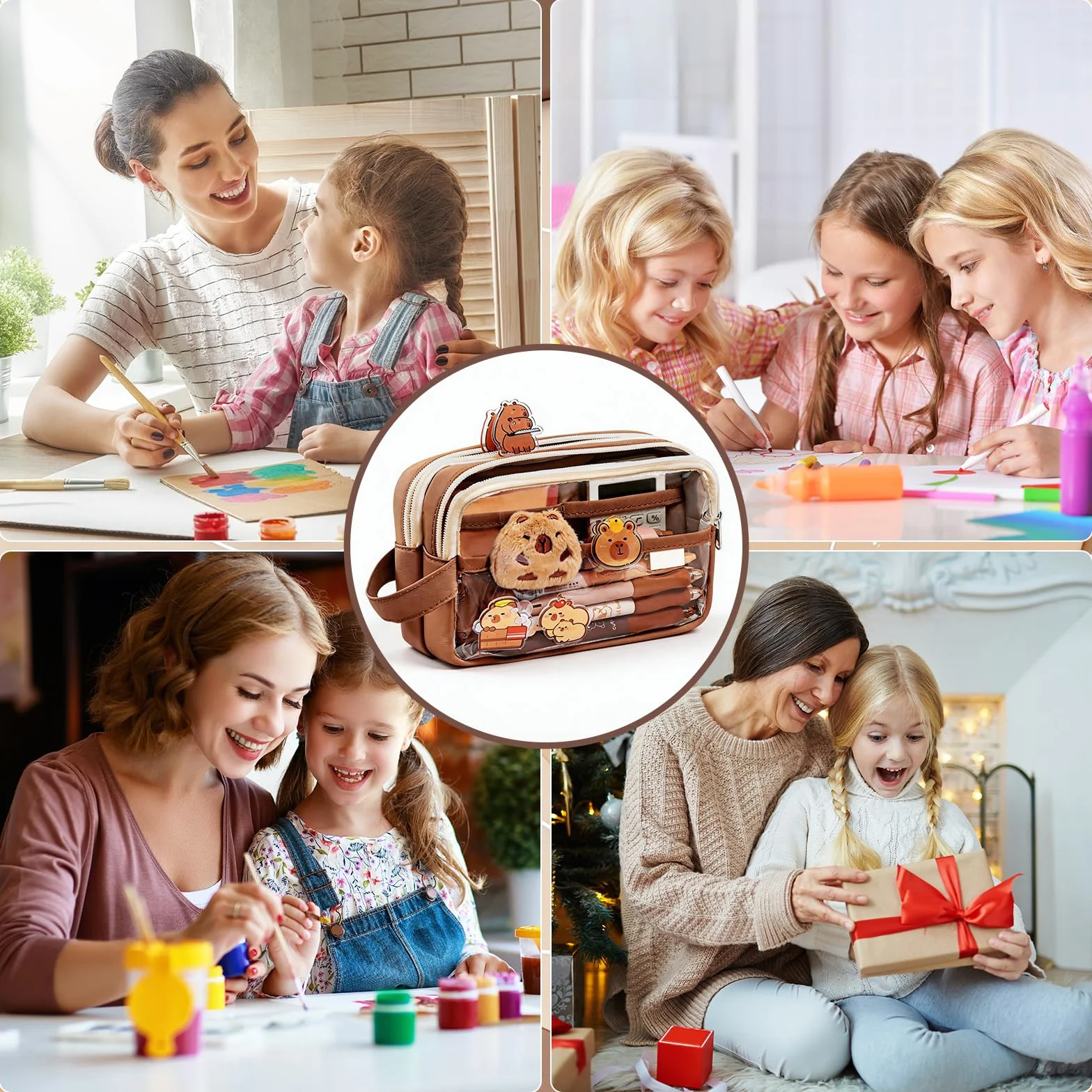 Piórnik z kapibarą zestaw papeterii Kawaii z długopisami linijką naklejkami notatkami przypinkami wisiorkami
