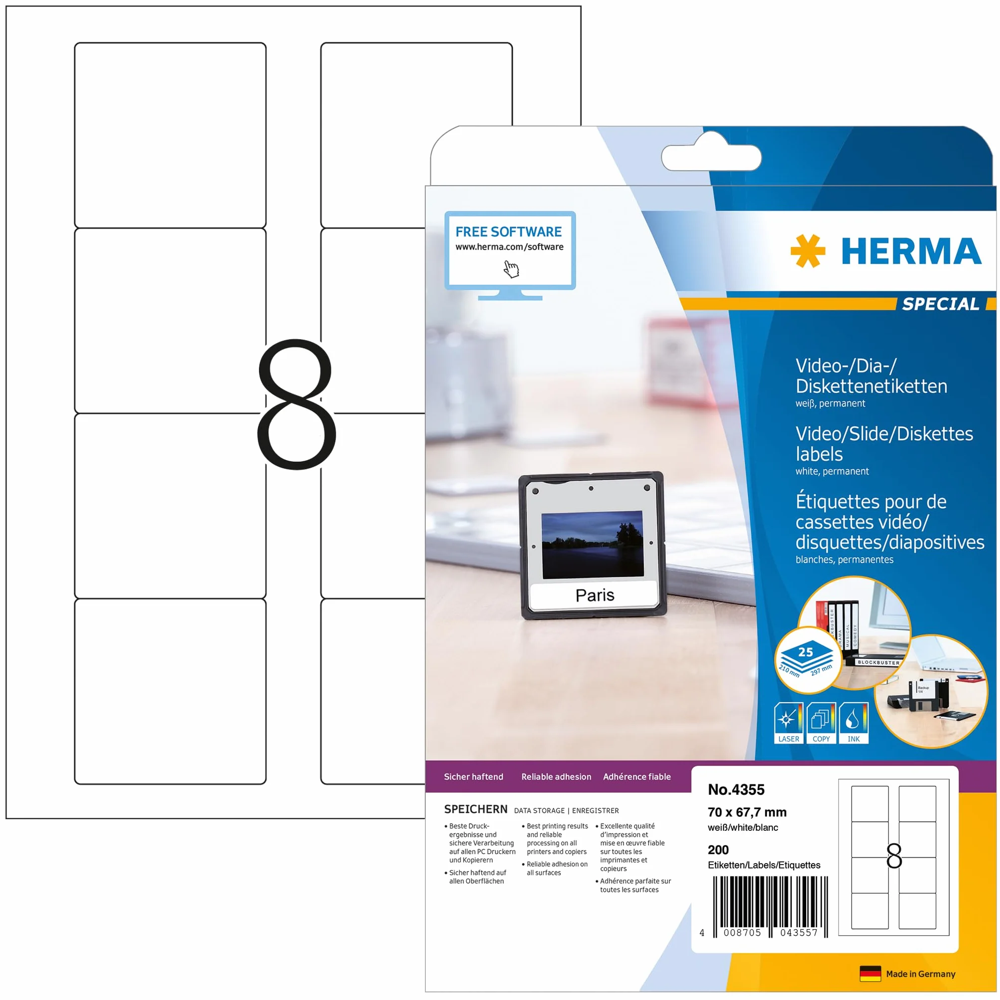 HERMA 4355 etykiety na dyskietki 3,5 cala, 70 x 67,7 mm, 200 sztuk, matowe, białe