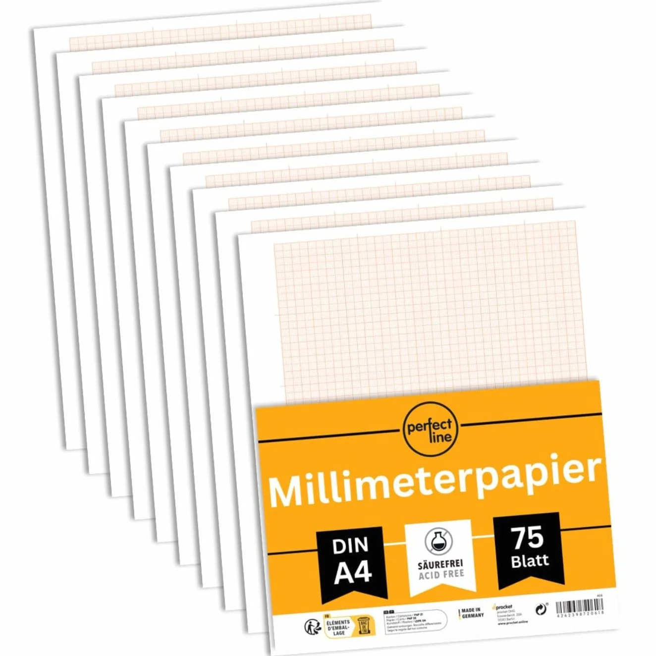 perfect line – 75 arkuszy papieru milimetrowego DIN A4 – czerwone linie siatki 1/5/10 mm – 80 g/m² papier do rysunków technicznych, diagramów, do szkoły i biura – luźne arkusze – Made in Germany