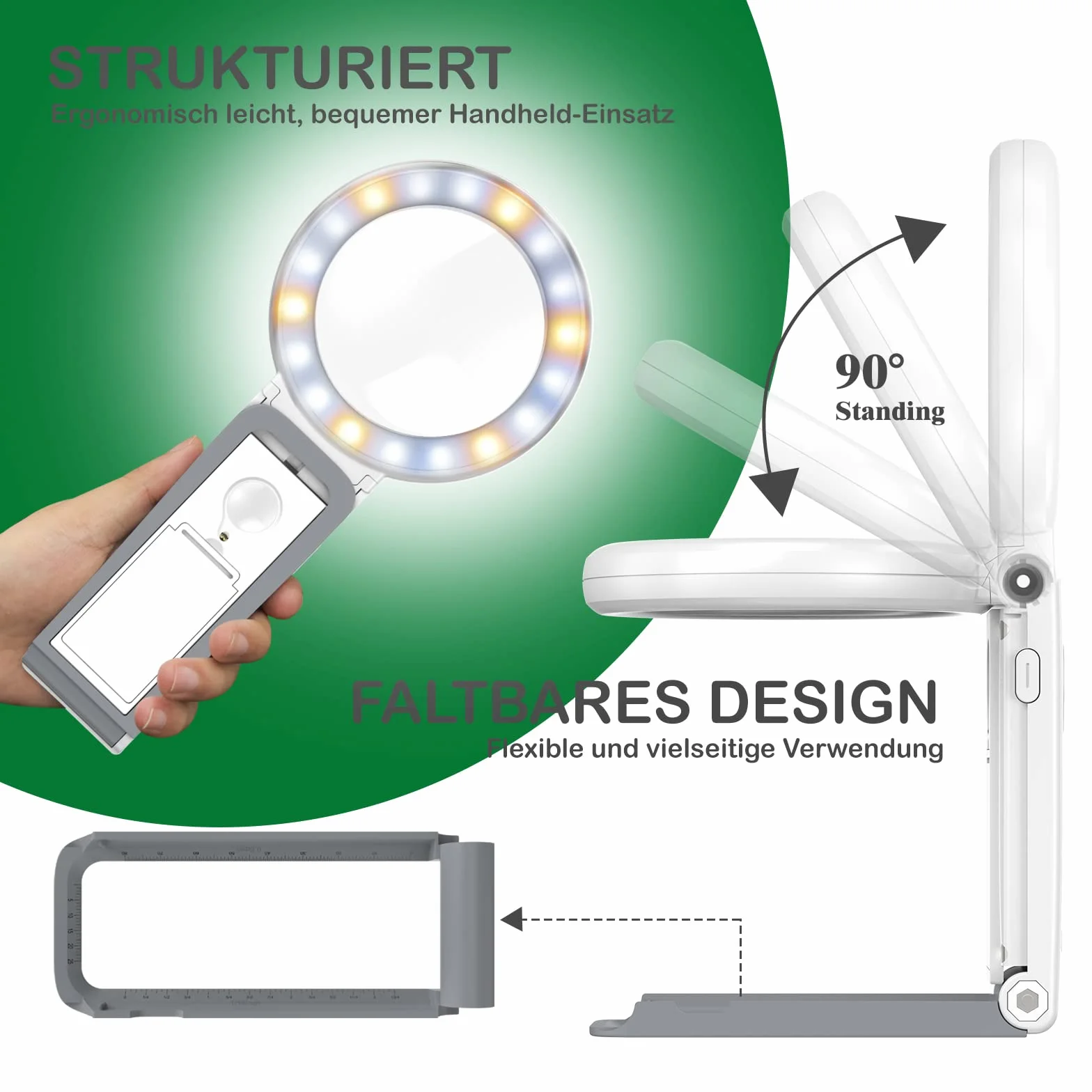 Lupa ze światłem i stojakiem, 30 x 10 x składana lupa do czytania z 18 diodami LED, ściemniana, duża szklana lupa ręczna, lupa biurkowa dla seniorów, jubilerów, rzemiosła, książek, monet, zwyrodnienia