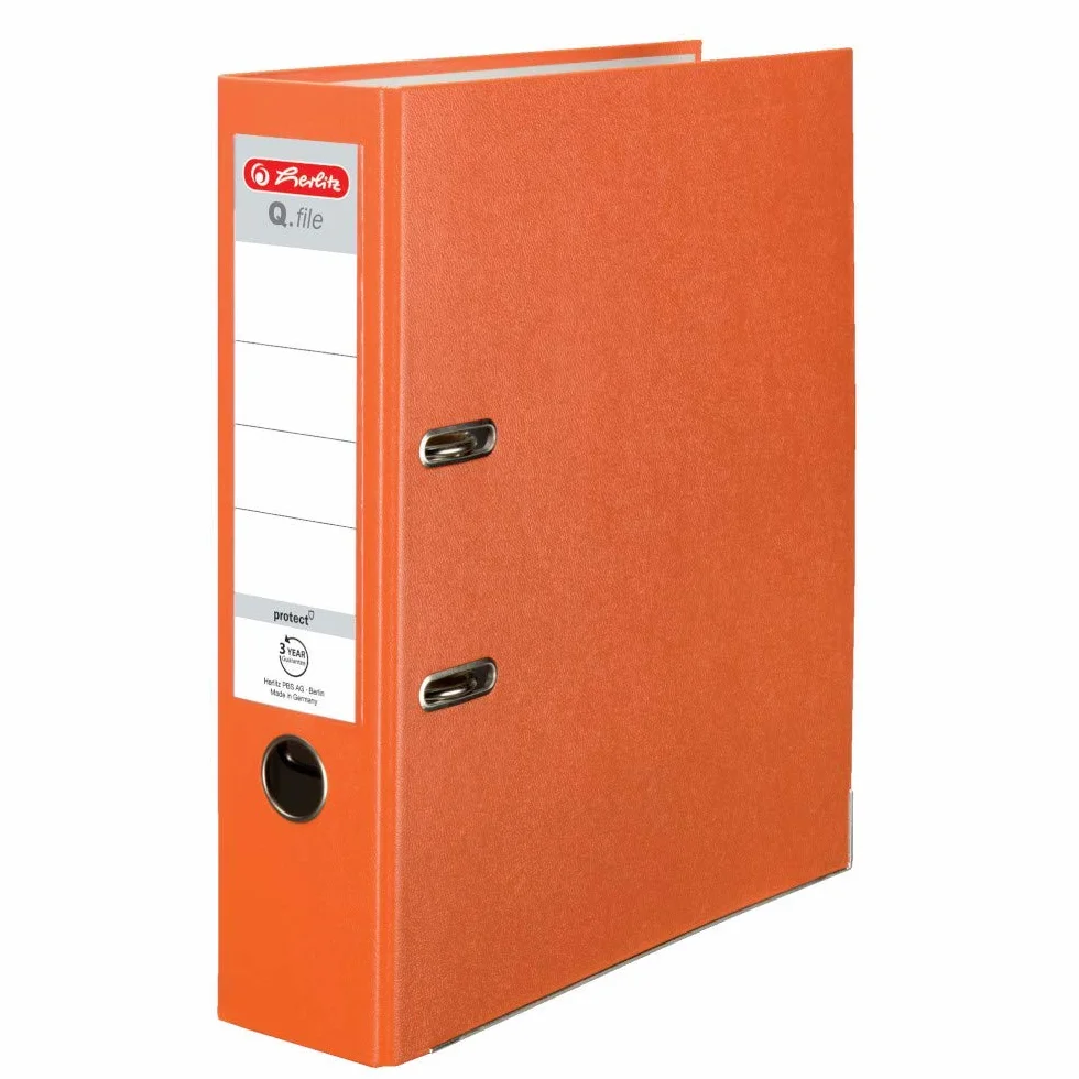 Herlitz Segregator Q.file | Grzbiet 8 cm | Powelkany Folią PP | Organizer Biurowy na Dokumenty A4 | Wymienna etykieta | Mechanizm dźwigniowy z listwą dociskową | Mieści 600 Kartek | pomarańczowy