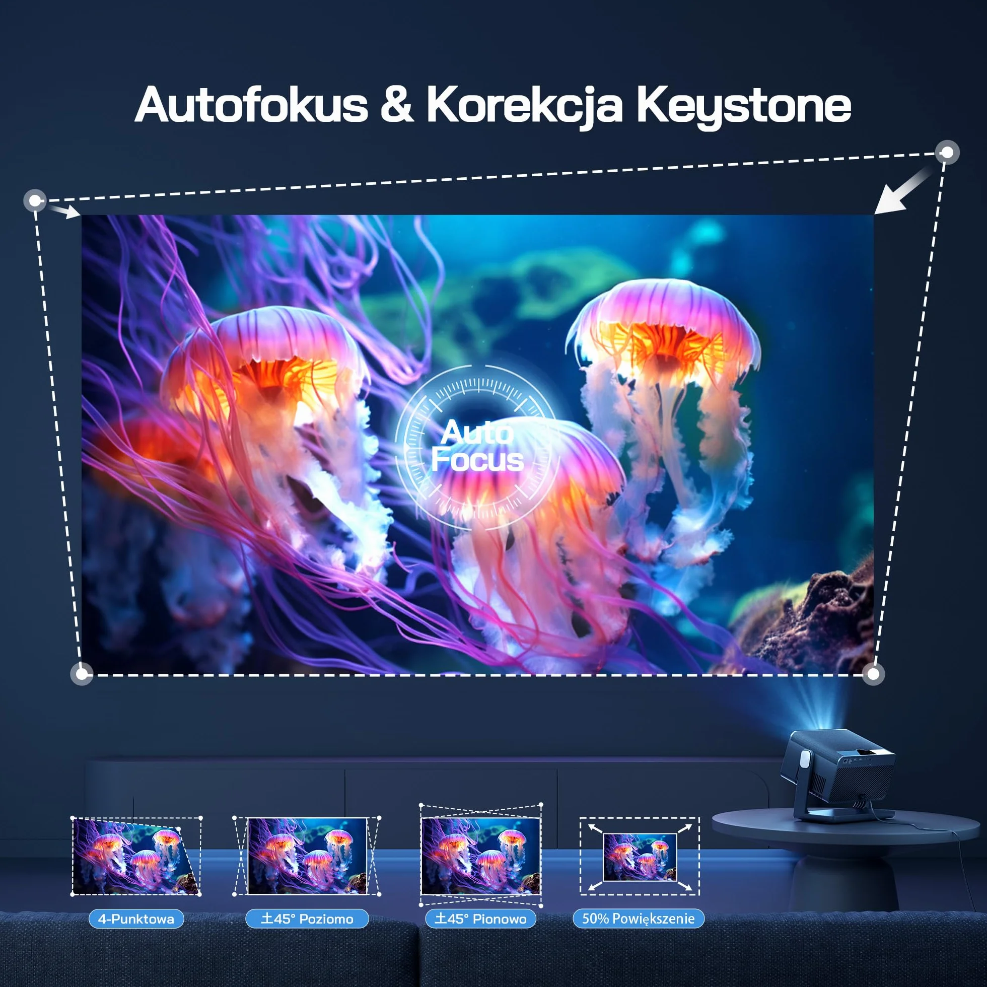 WOLFANG 28000 Lumenów 4K Mini Projektor【Oficjalny Netflix & Autofokus/Korekcja Trapezu】, Przenośny Projektor 5G WiFi z Bluetooth 5.2, Projektor Kina Domowego ze Stojakiem 180° do Ekranu 300''