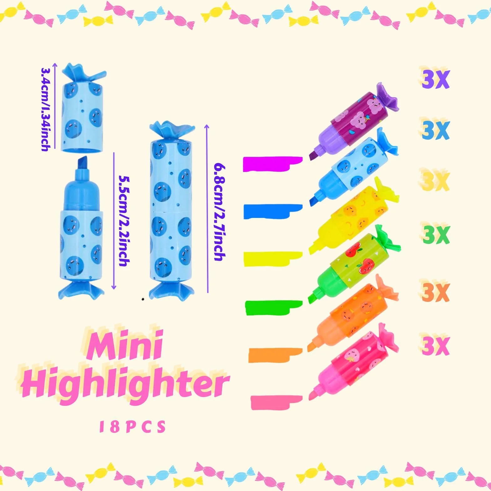 Mini markery tekstowe, 18 sztuk, dla dzieci, uczniów, śmieszne pisaki do przyborów piśmienniczych, słodkich kawaii, na prezenty, imprezę, urodziny, do szkoły, jako upominek
