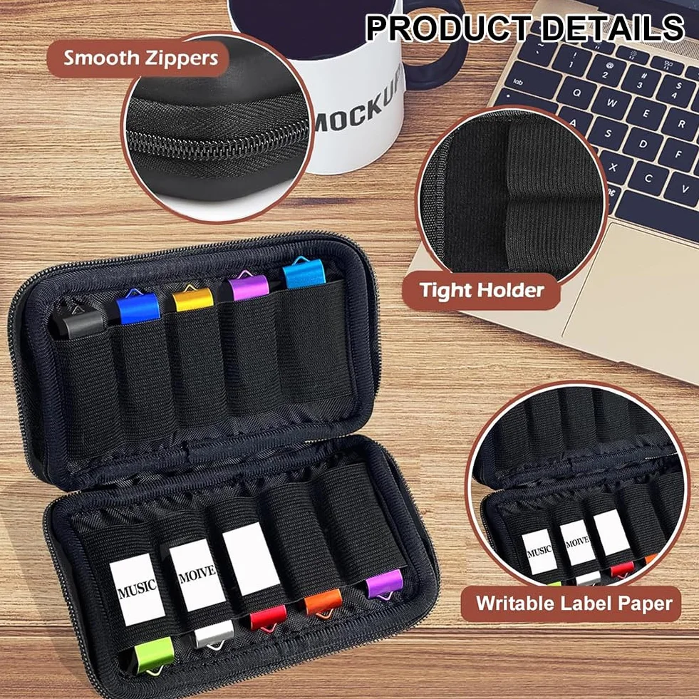 Kieszenie do przechowywania pamięci USB, mały organizer, czarne pudełko do przechowywania, 10 sztuk pamięci USB / Flash Drive, 1 sztuka